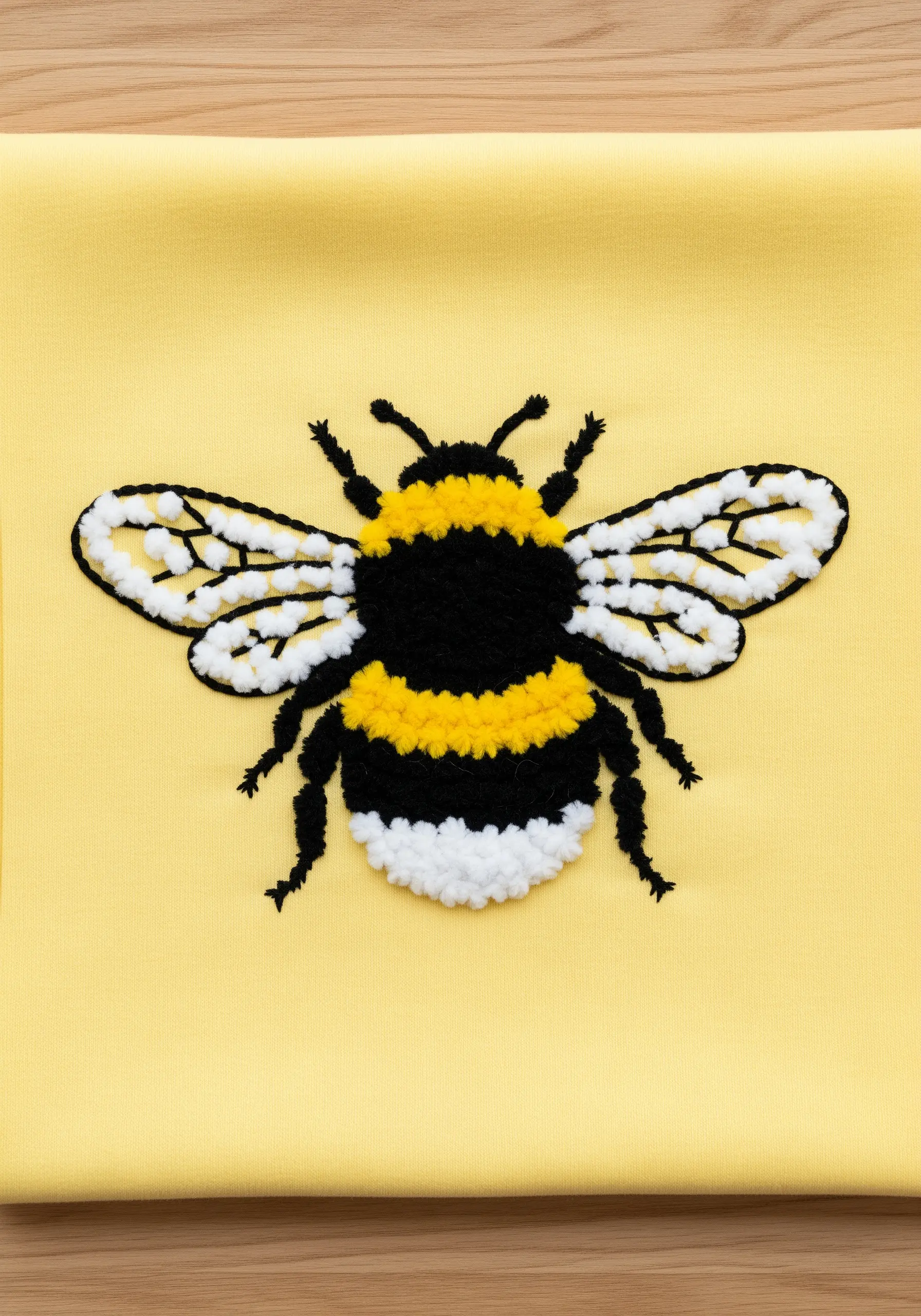 A fluffy embroidered bee on yellow fabric, using Turkey work for a 3D, fuzzy effect.