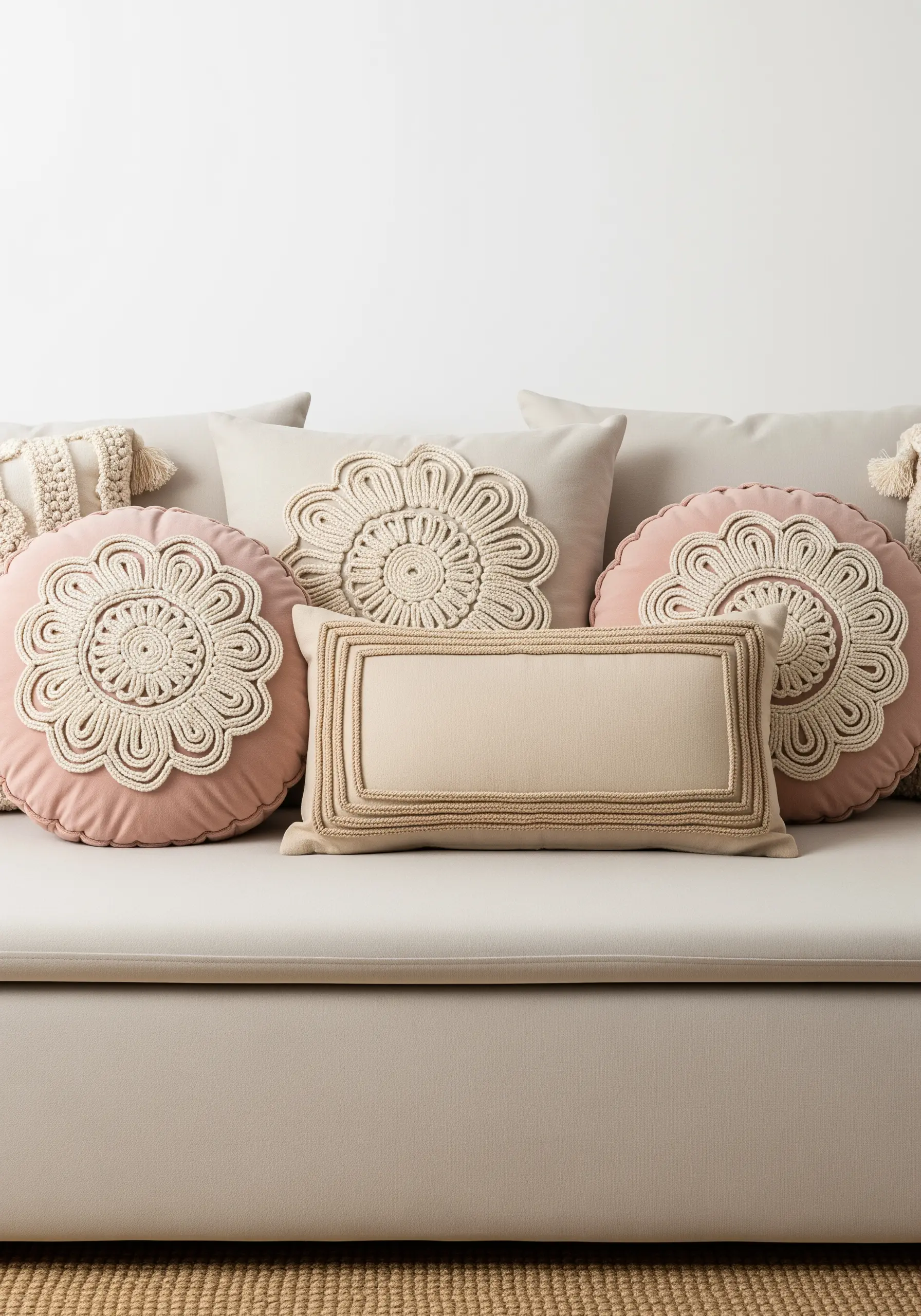 Round and square pillows featuring large floral mandalas made with thick, couched cord.