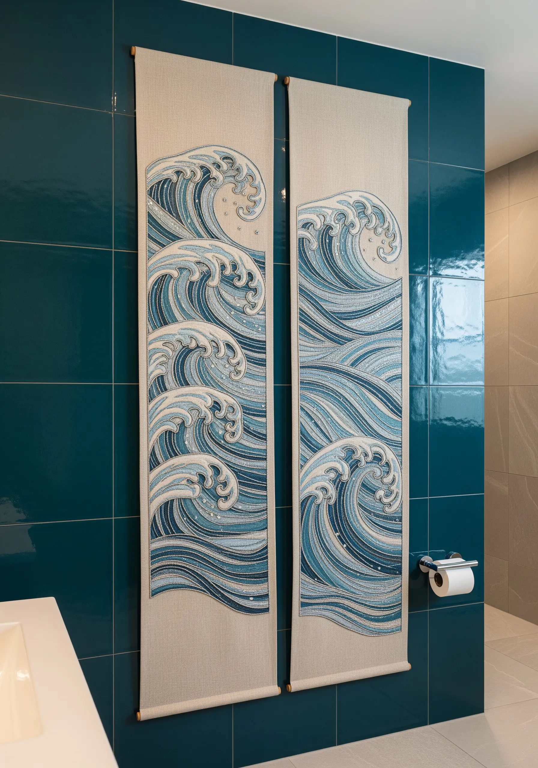 Two long wall panels with embroidered Japanese-style waves, highlighted with silver metallic thread.