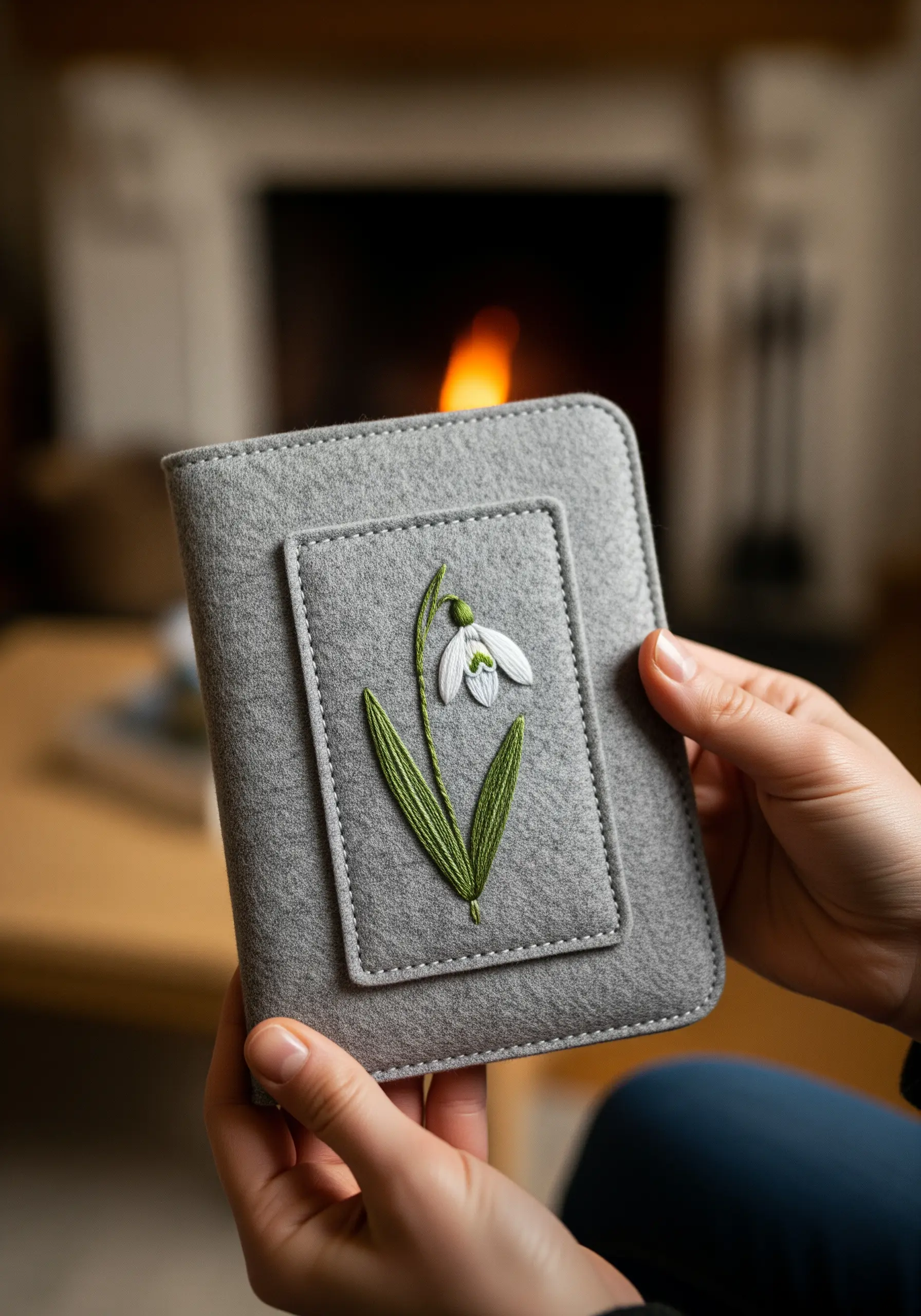 A single embroidered snowdrop flower on a layered grey felt patch on a book cover.