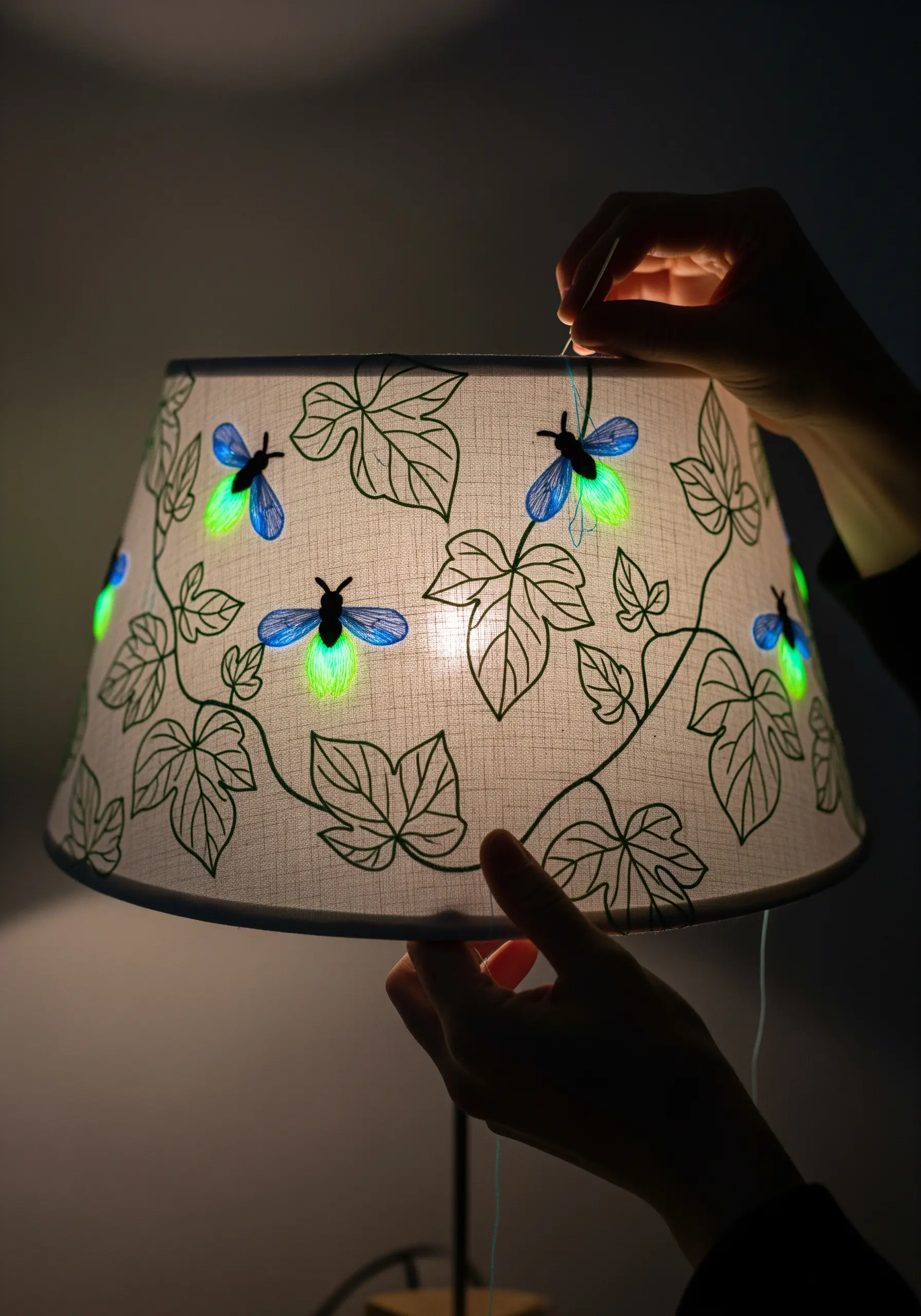 A lampshade with embroidered leaves and glowing fireflies stitched with special thread