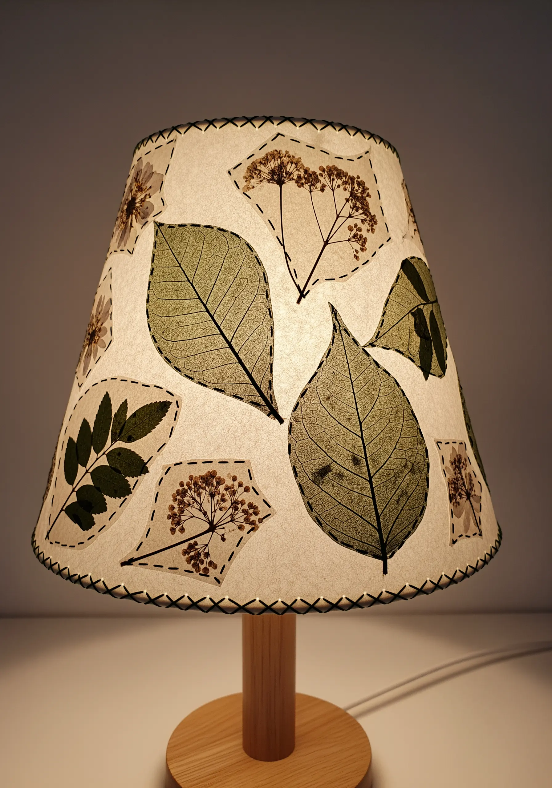 A lampshade decorated with pressed skeleton leaves and botanicals outlined with simple stitches.
