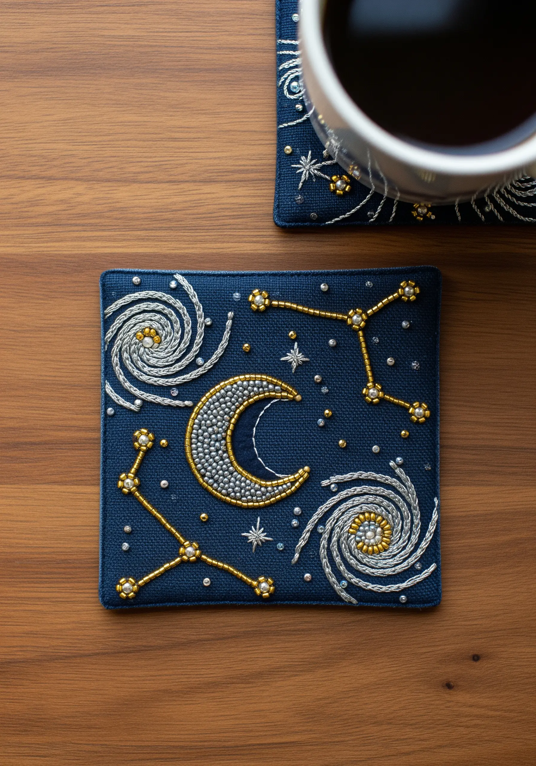 Embroidered coaster with a celestial design of a moon, stars, and galaxies in metallic threads and beads.
