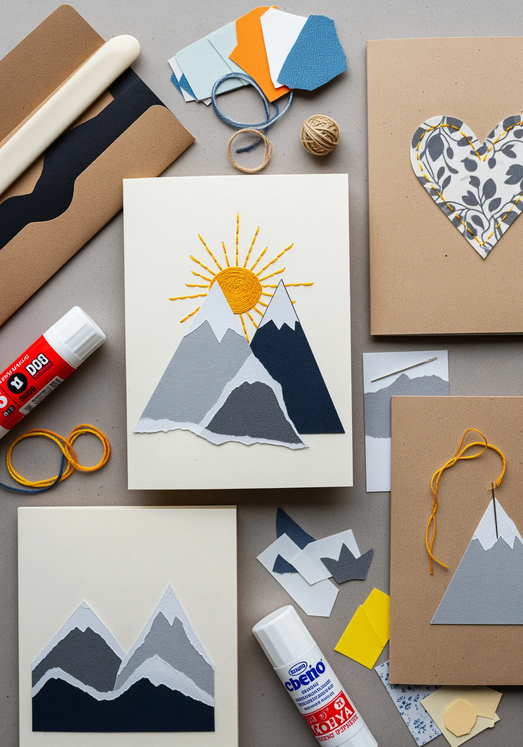 A handmade card with paper-cut mountains and a bright yellow embroidered sun.