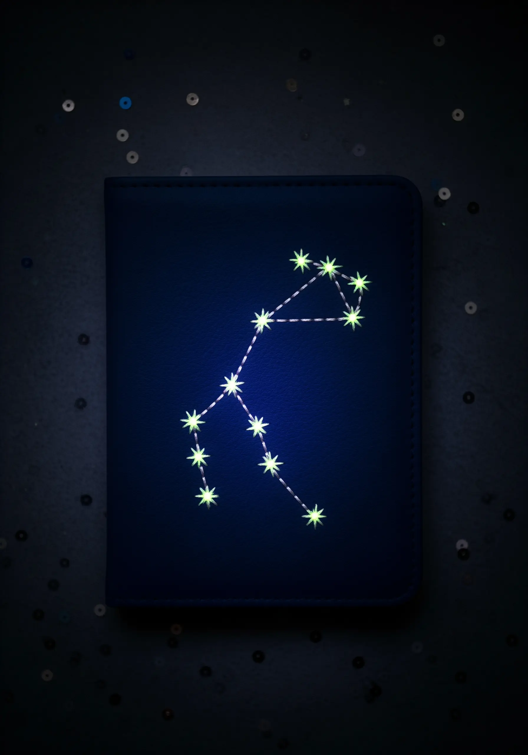 A constellation embroidered with glow-in-the-dark thread on a dark blue passport cover.