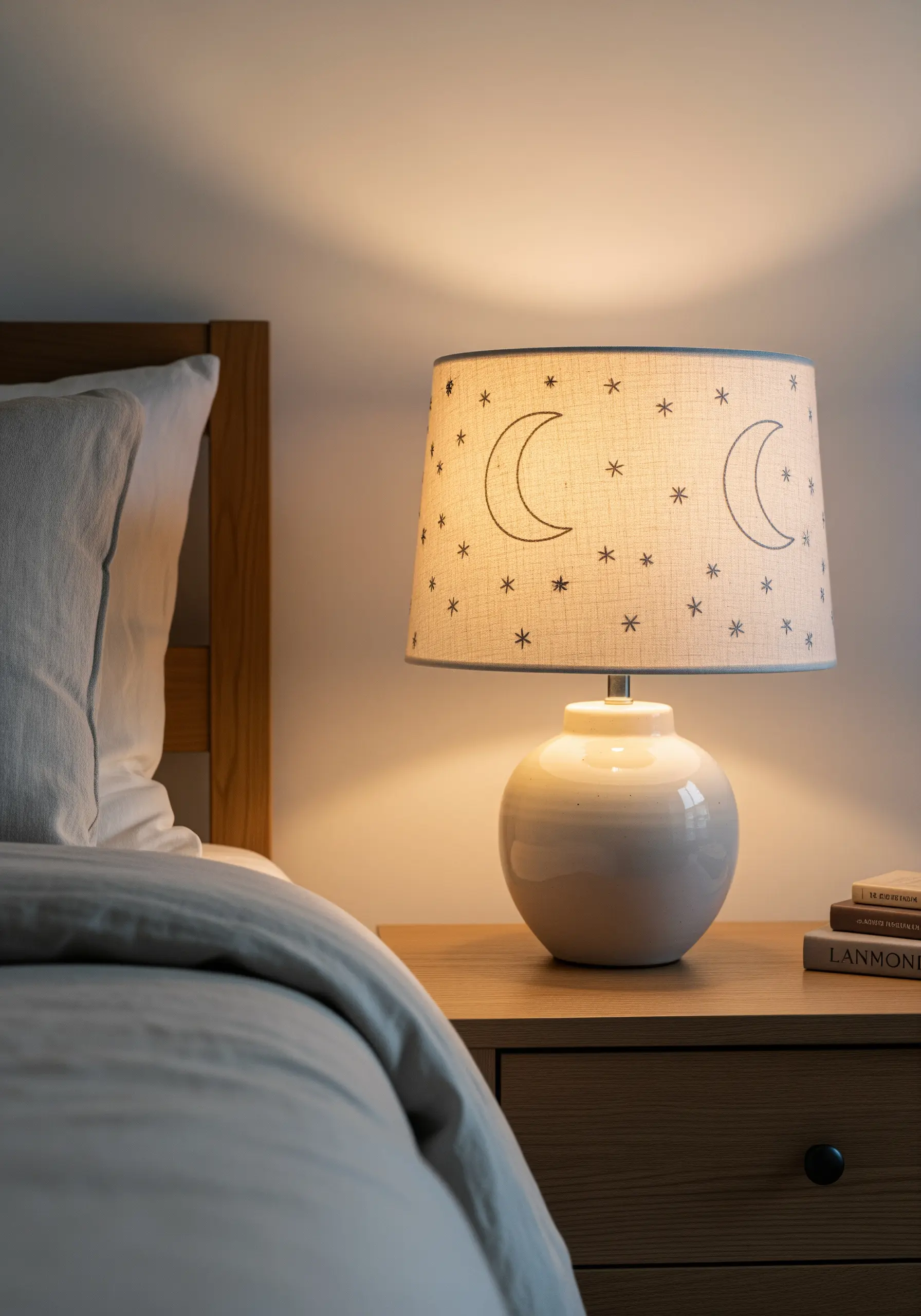 A simple fabric lampshade embroidered with minimalist crescent moons and stars.