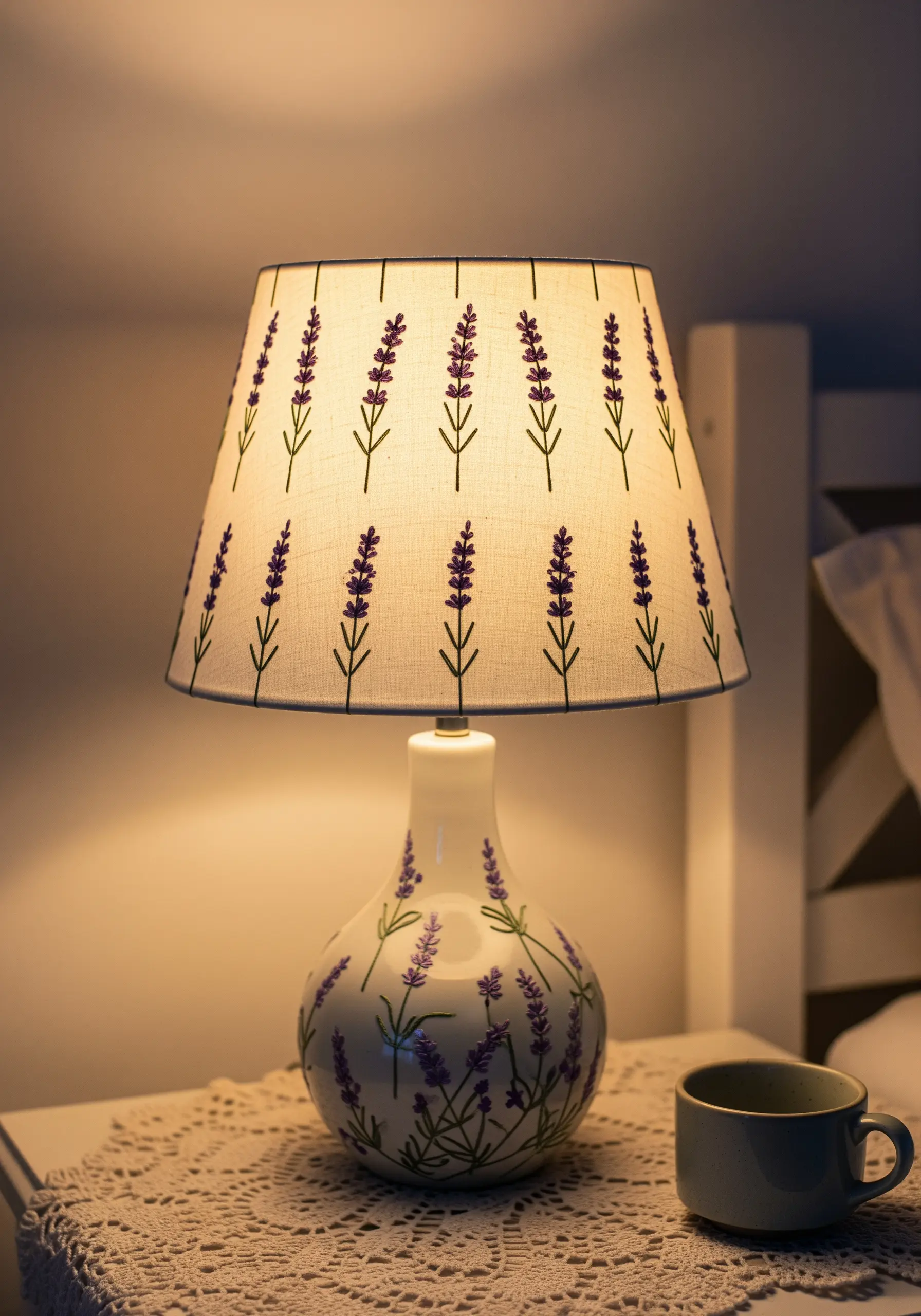A fabric lampshade with a repeating pattern of embroidered lavender sprigs.