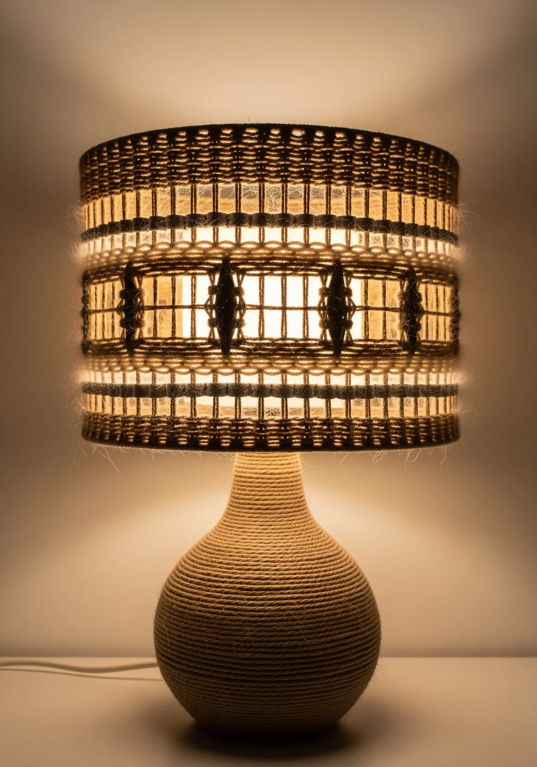 A woven drum lampshade with open-weave patterns that glow when illuminated from within.