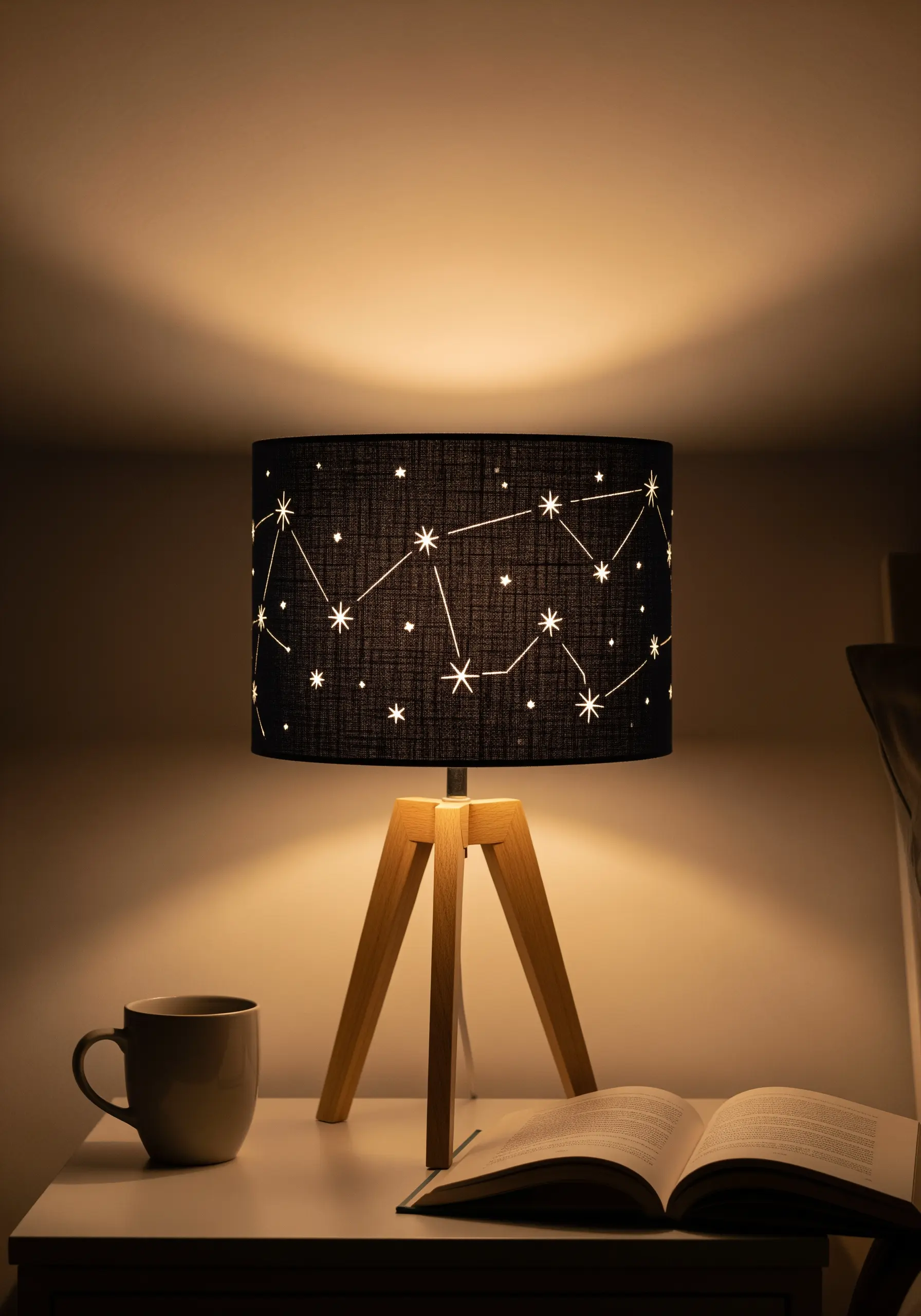 A black drum lampshade featuring embroidered constellations that glow when the lamp is lit.
