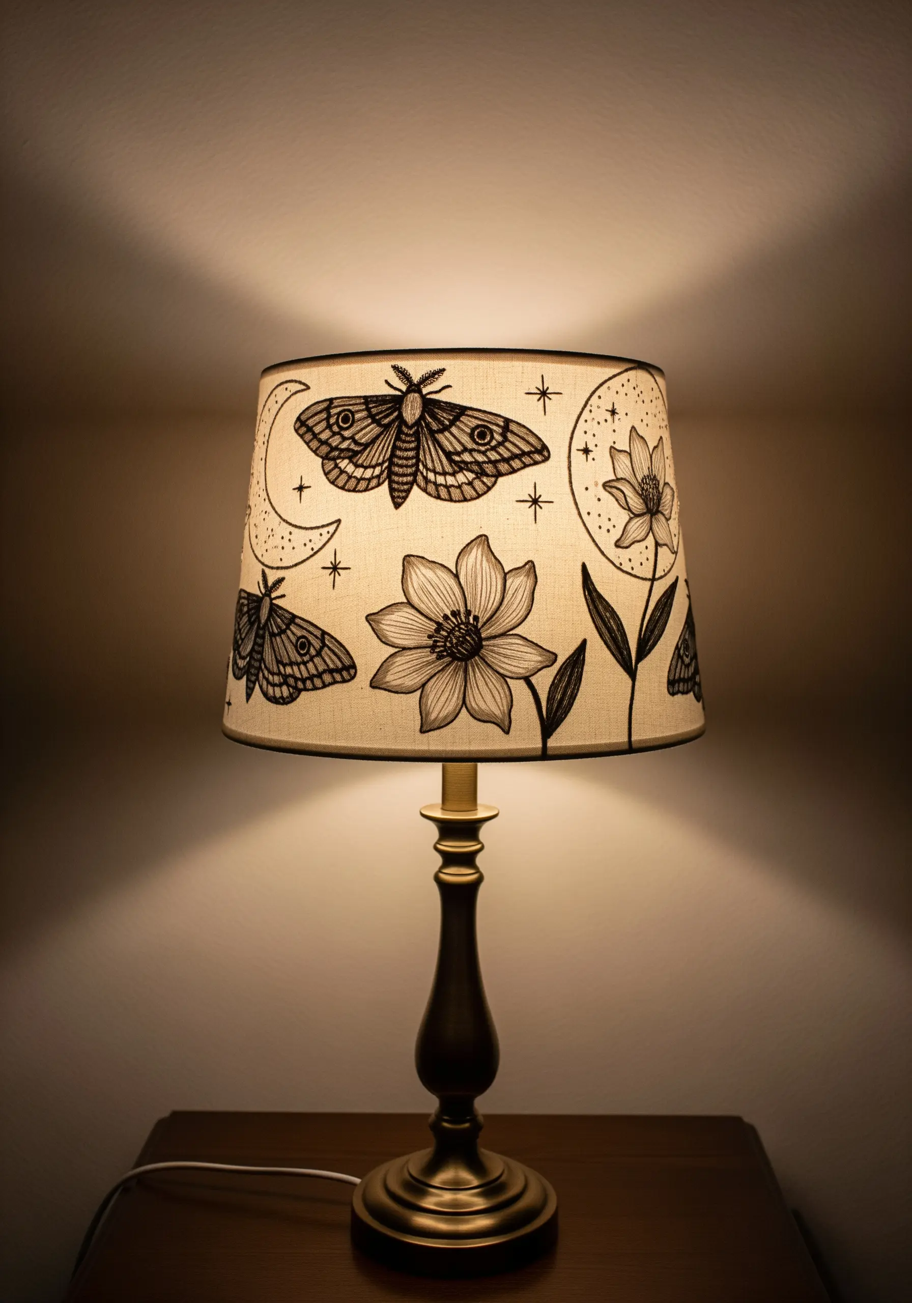 Fabric lampshade embroidered with black line art of moths, moons, and flowers.