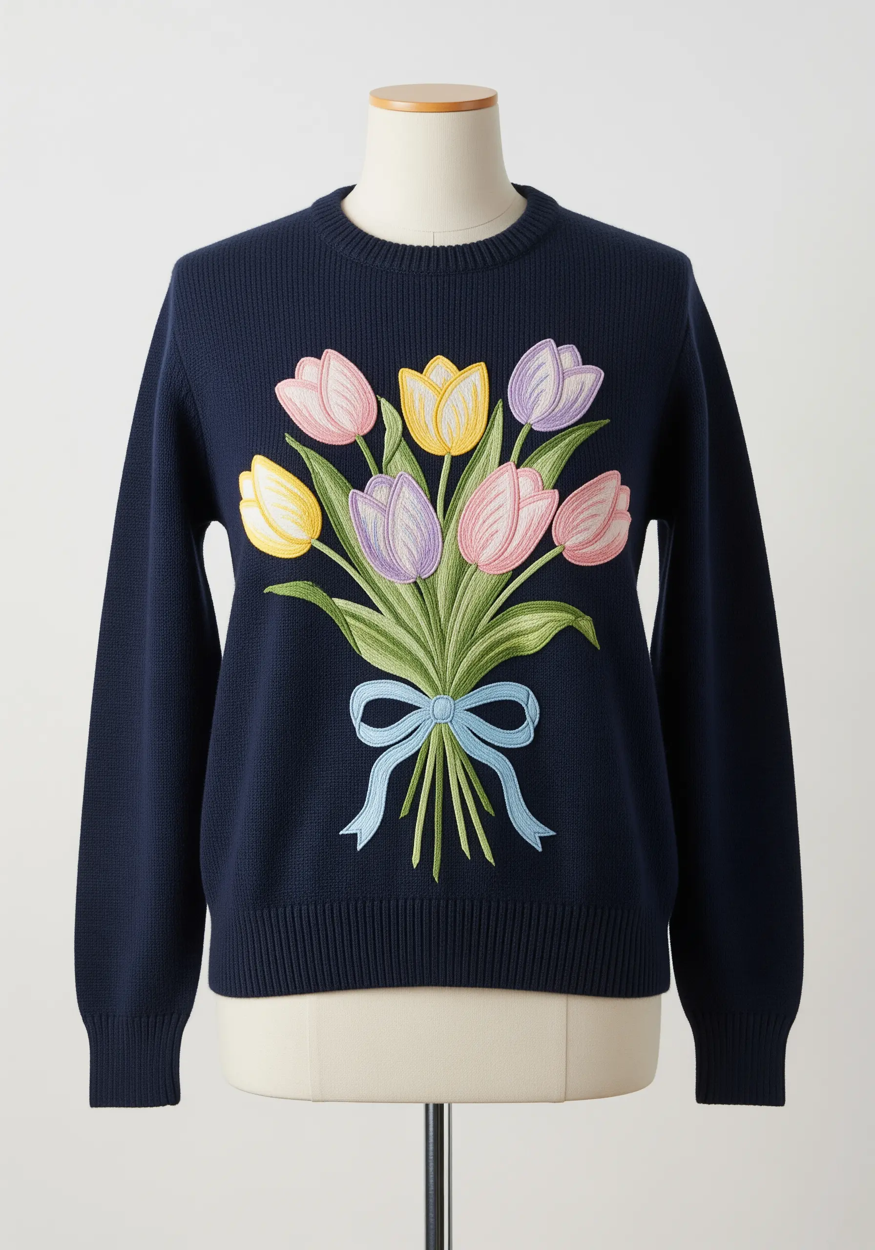 A bouquet of pastel-colored tulips with a blue ribbon on a dark navy sweater.
