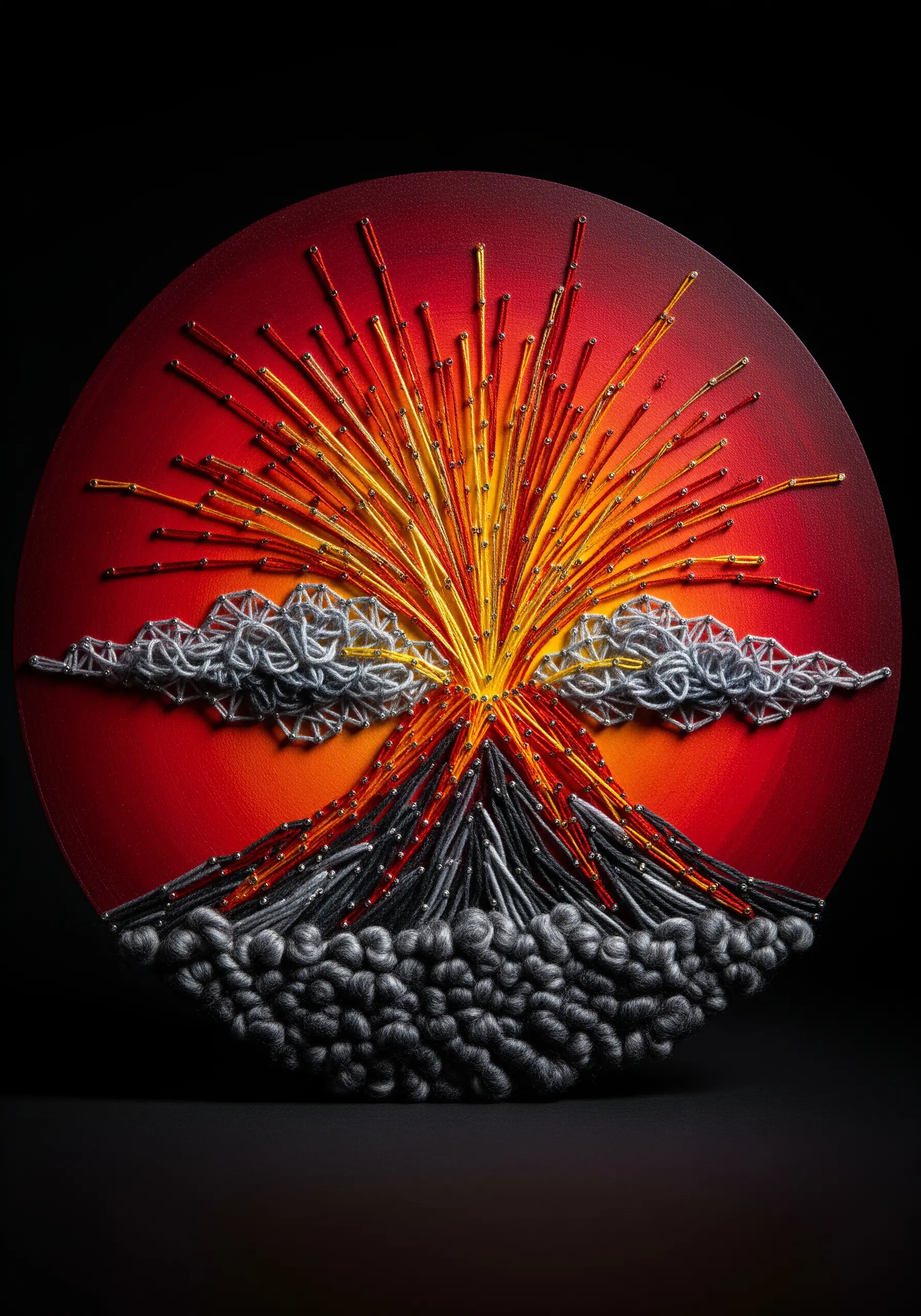 A dramatic string art volcano erupting with beaded lava and textured smoke clouds.