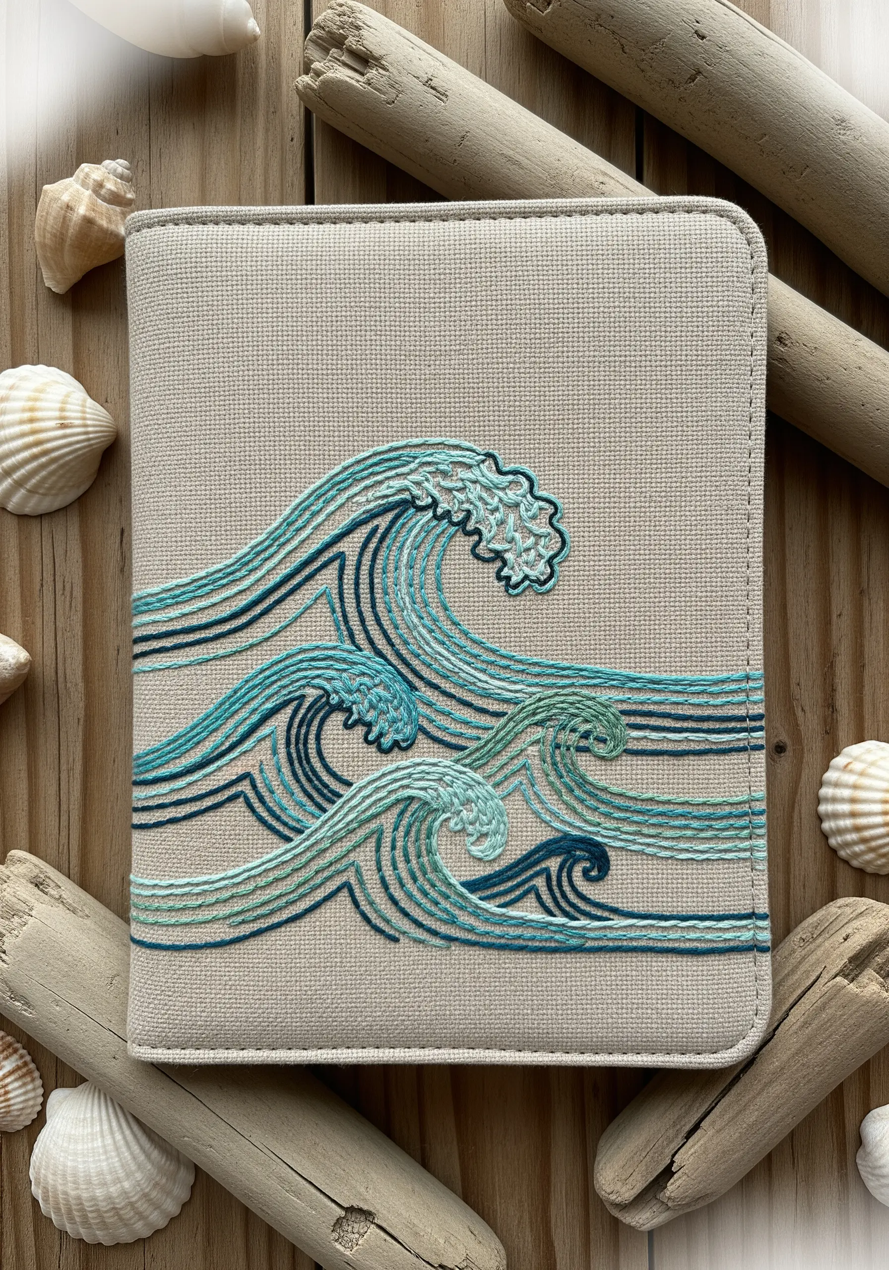 Stylized ocean waves embroidered on a beige passport cover using shades of teal and blue.