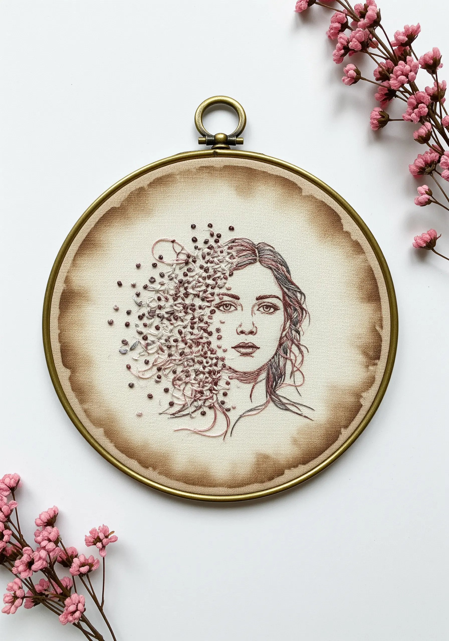 A line-art portrait where one side dissolves into a texture of French knots and seed stitches.