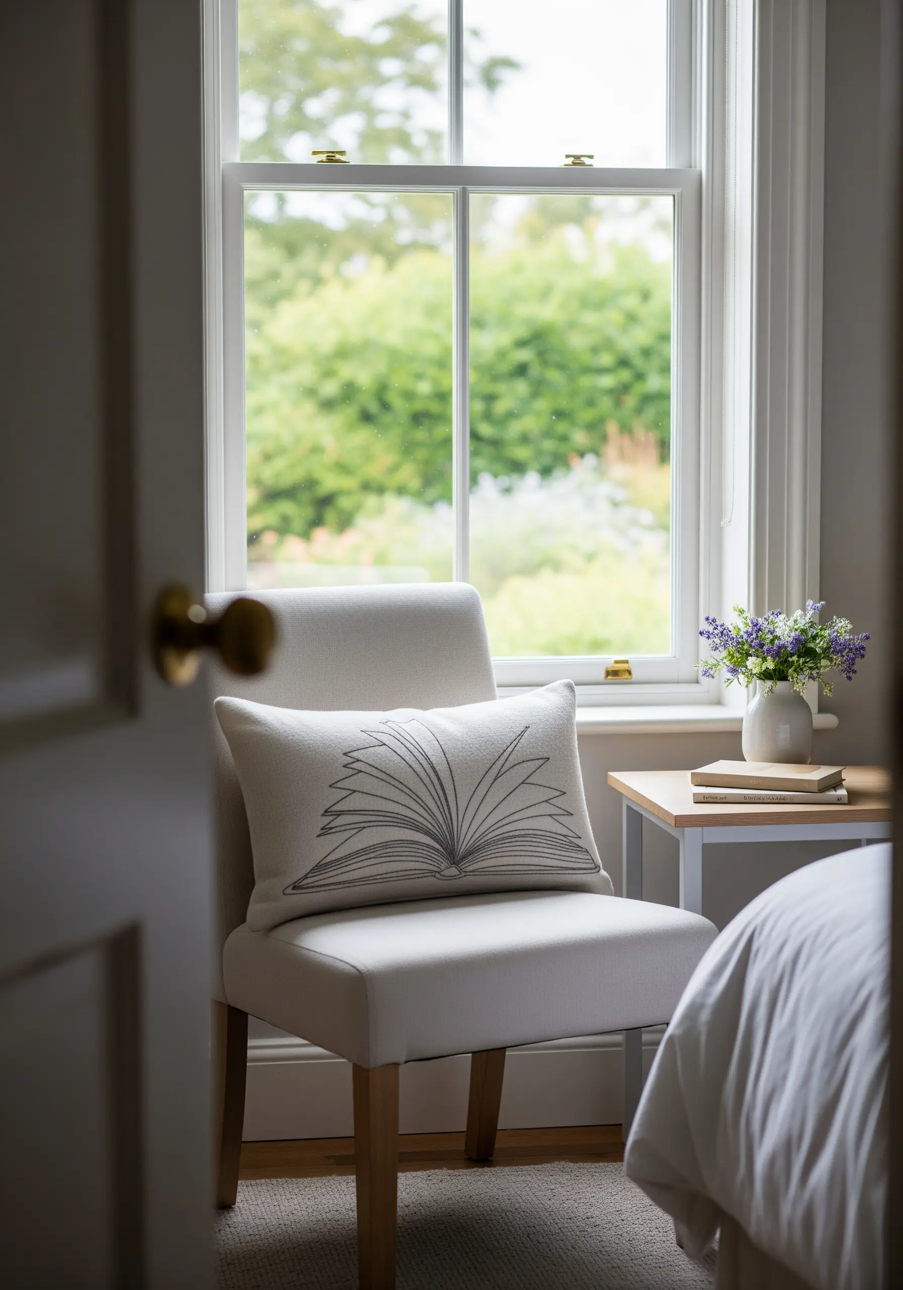 An open book embroidered on a pillow, with varying line weights for depth.
