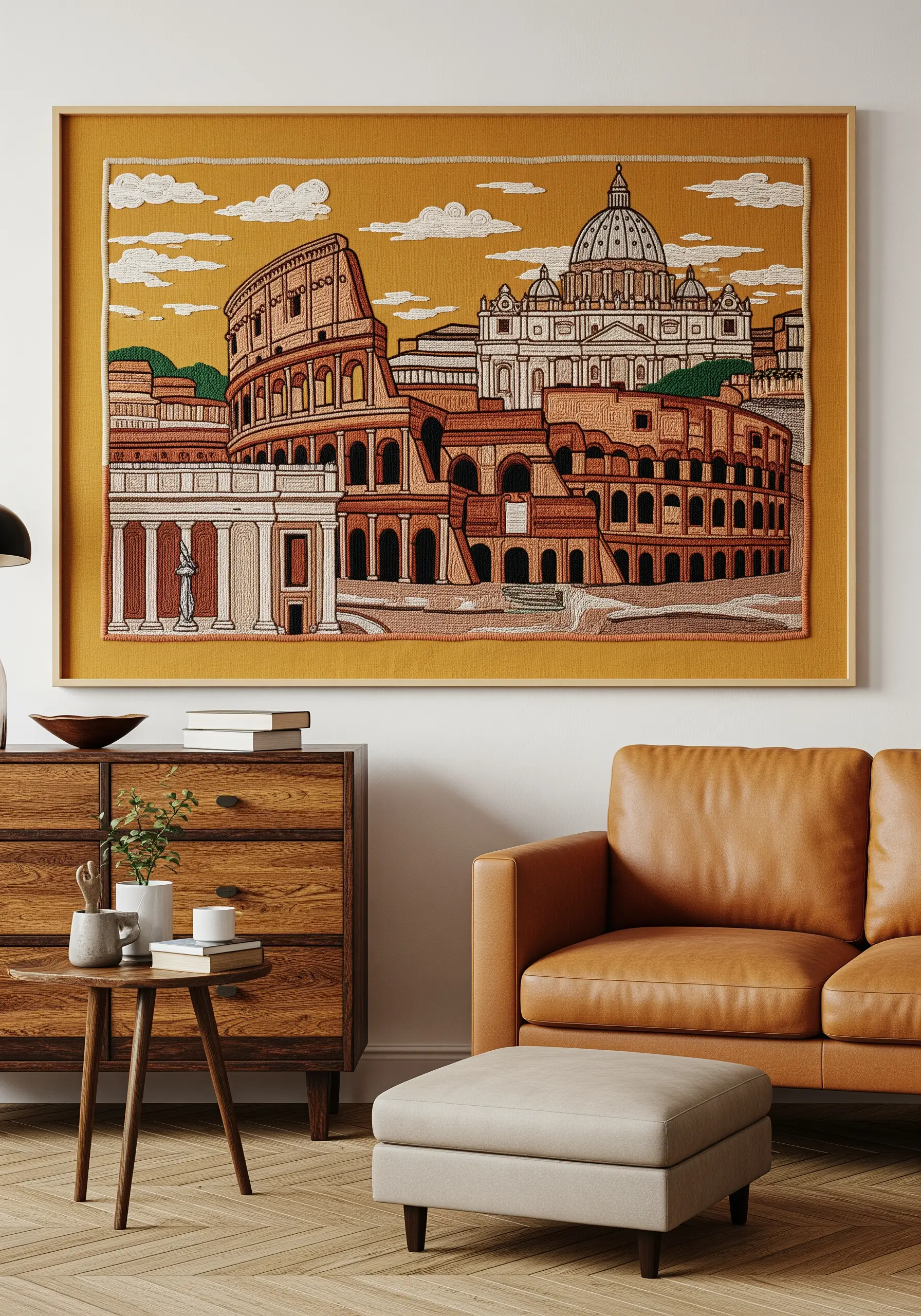 Large embroidery of Roman landmarks in a warm, monochromatic ochre and terracotta palette.