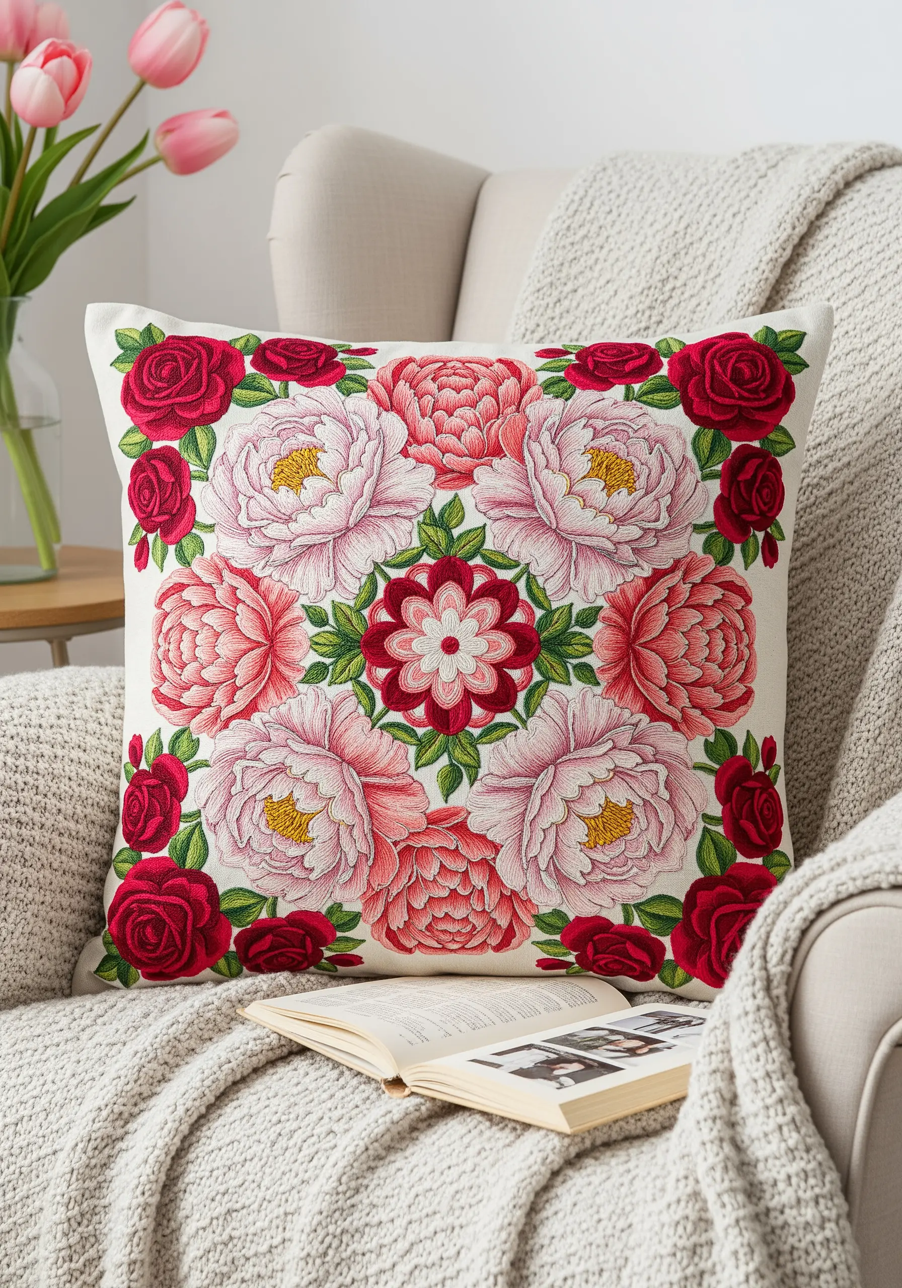 A large, detailed peony and rose mandala embroidered on a white pillow cover.
