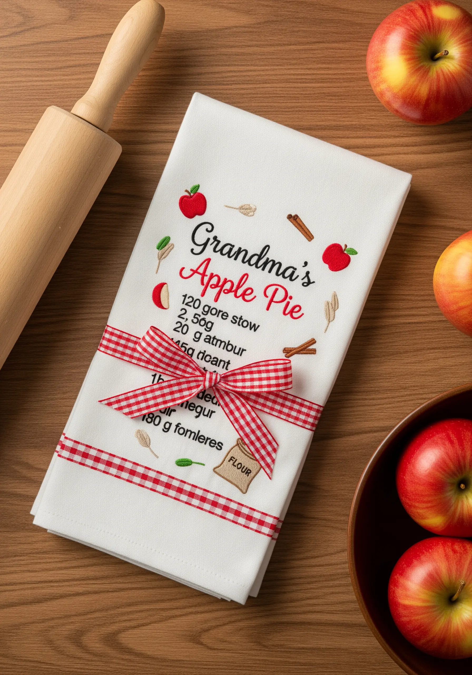 Embroidered apple pie recipe and illustrations on a white kitchen tea towel.