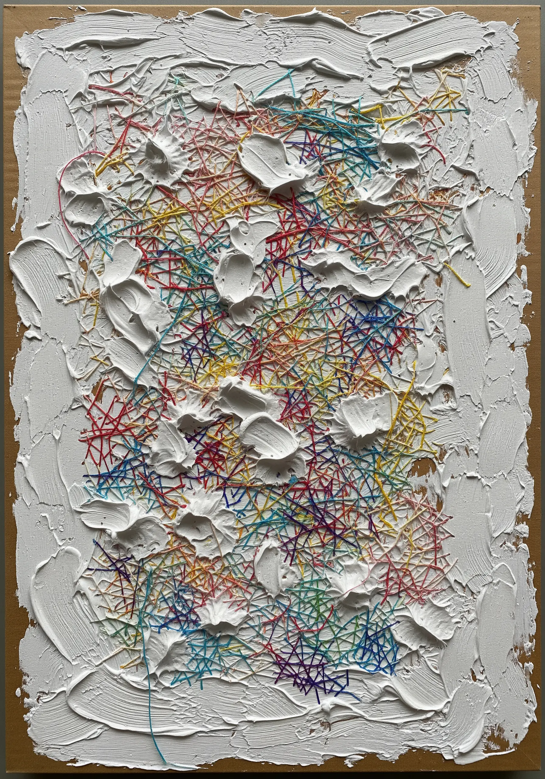 Abstract embroidery with multi-colored thread stitched through thick white modeling paste on a canvas