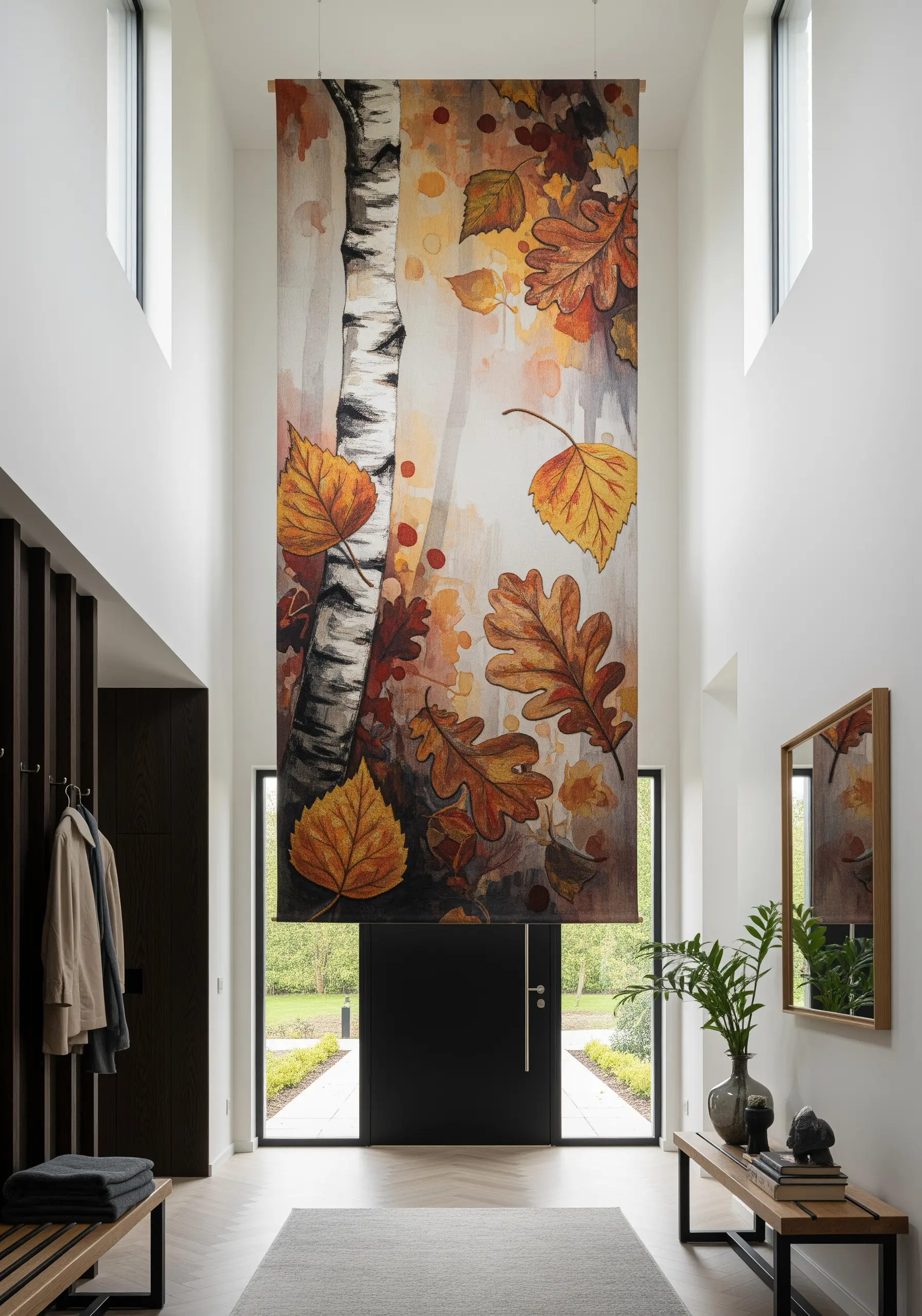 Large entryway tapestry depicting a birch tree and falling autumn leaves in a watercolor style.