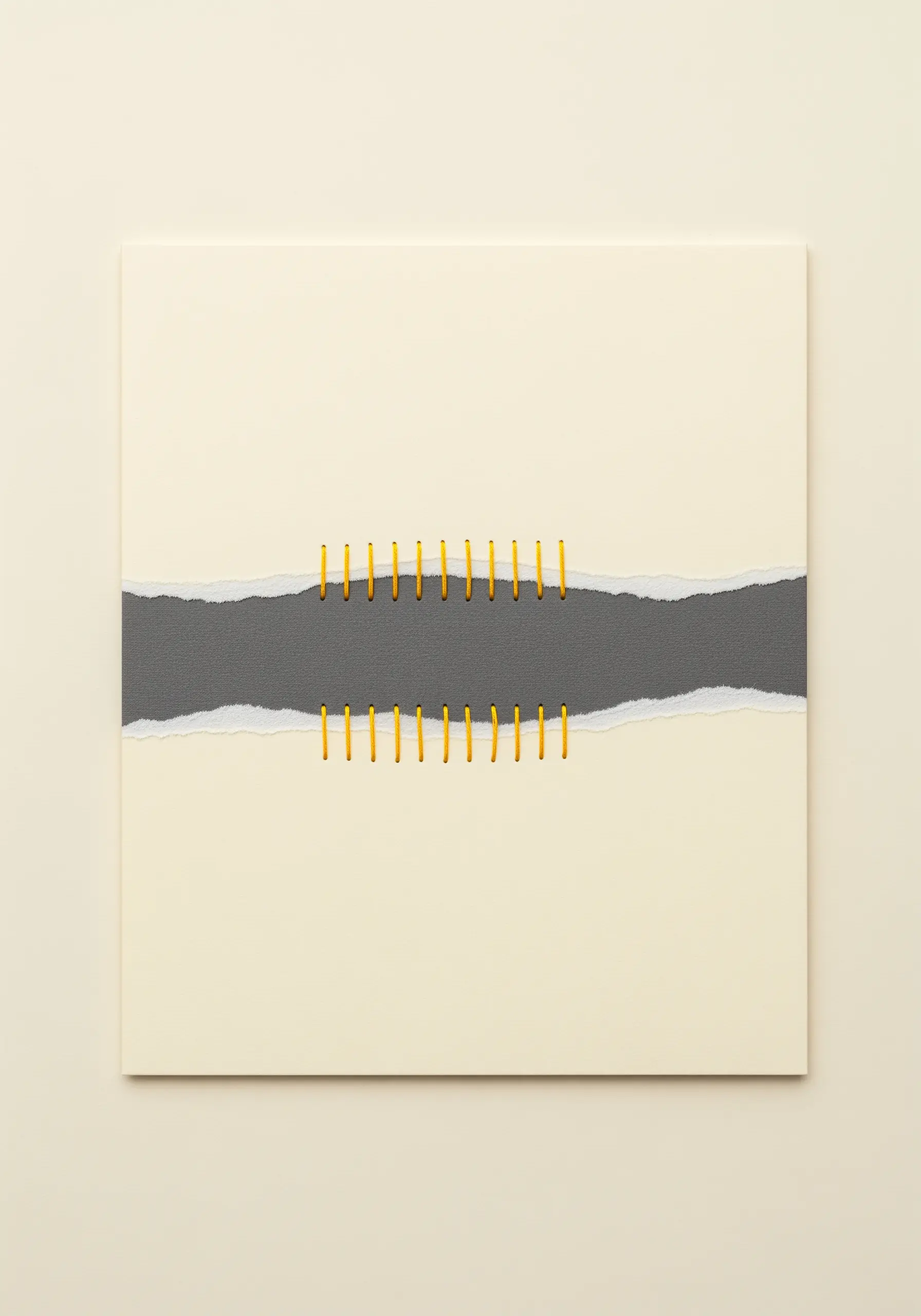 Two pieces of paper with torn edges are joined by a series of neat, parallel yellow stitches.