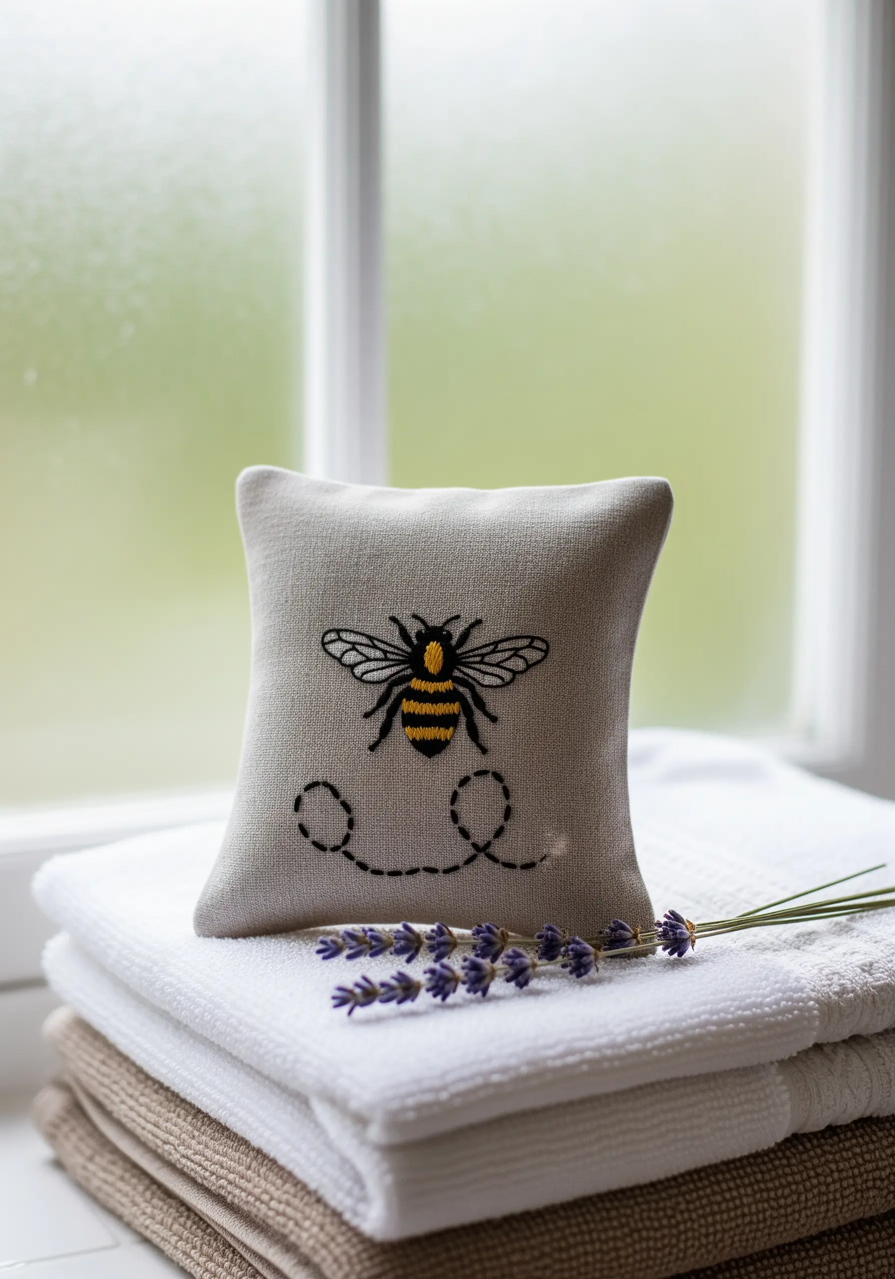 A small linen lavender sachet with an embroidered bee and a stitched flight path.