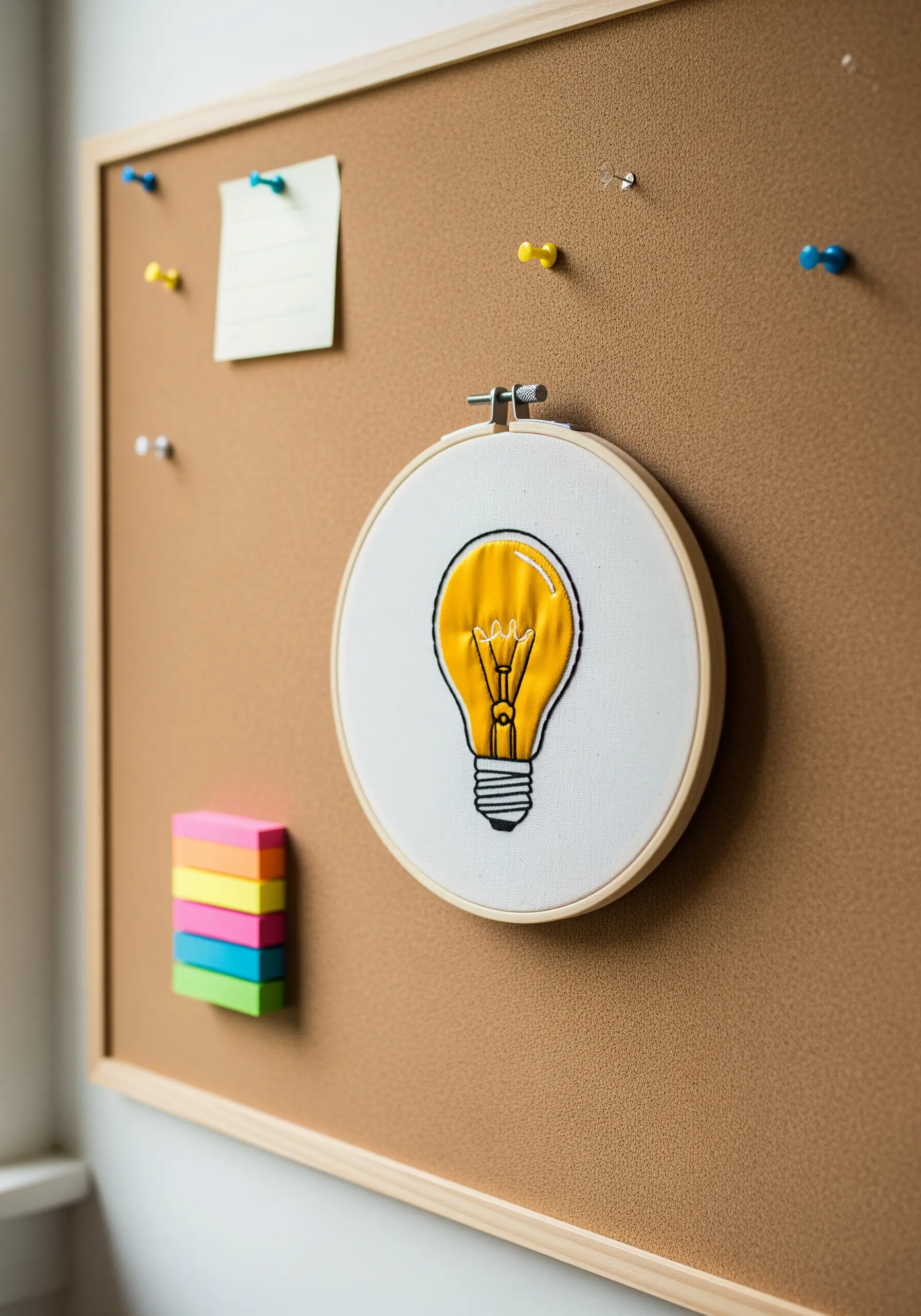 Embroidery hoop with a bright yellow lightbulb, pinned to a corkboard.