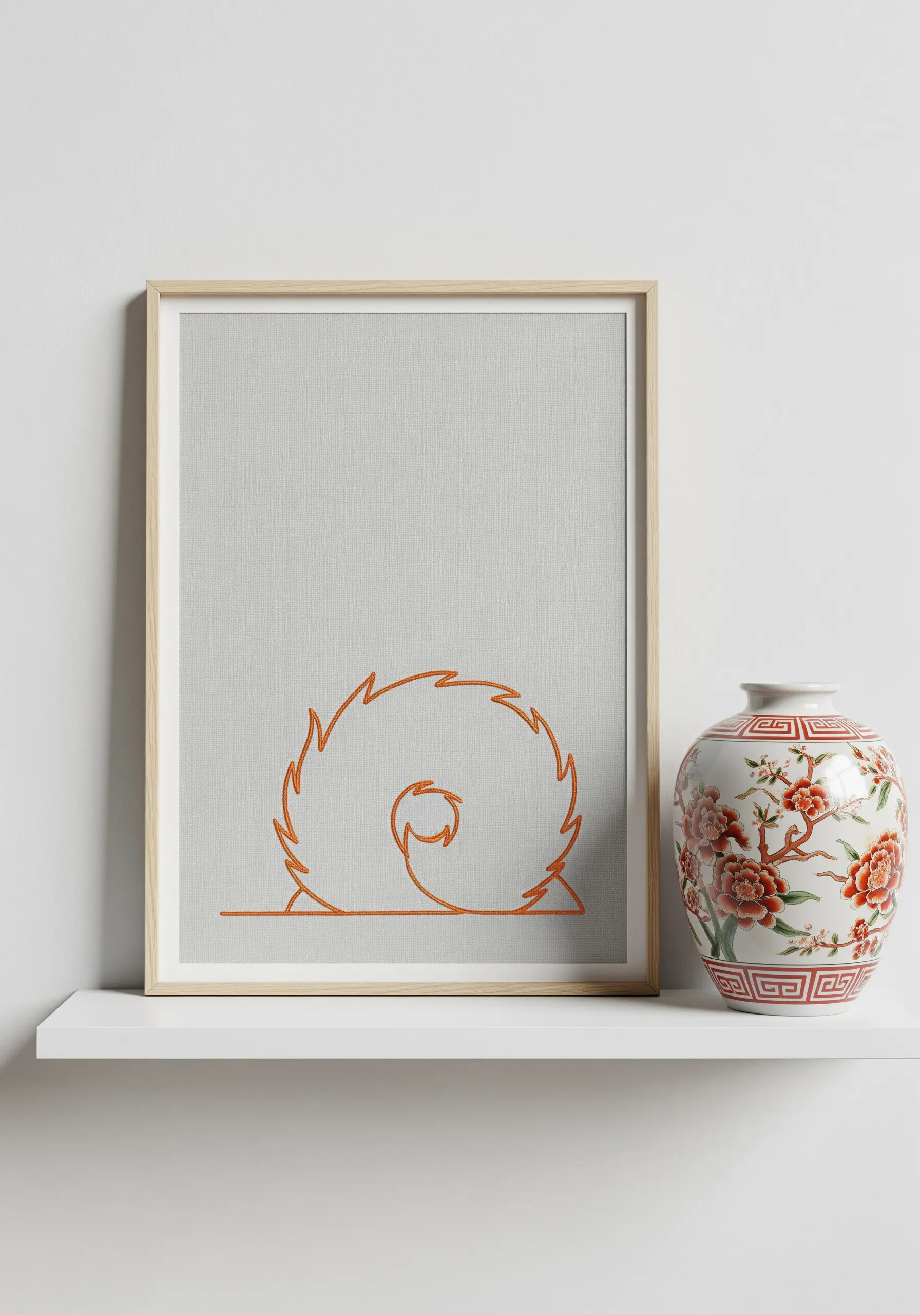 Minimalist line art embroidery of a fluffy, curled dog tail in a frame.