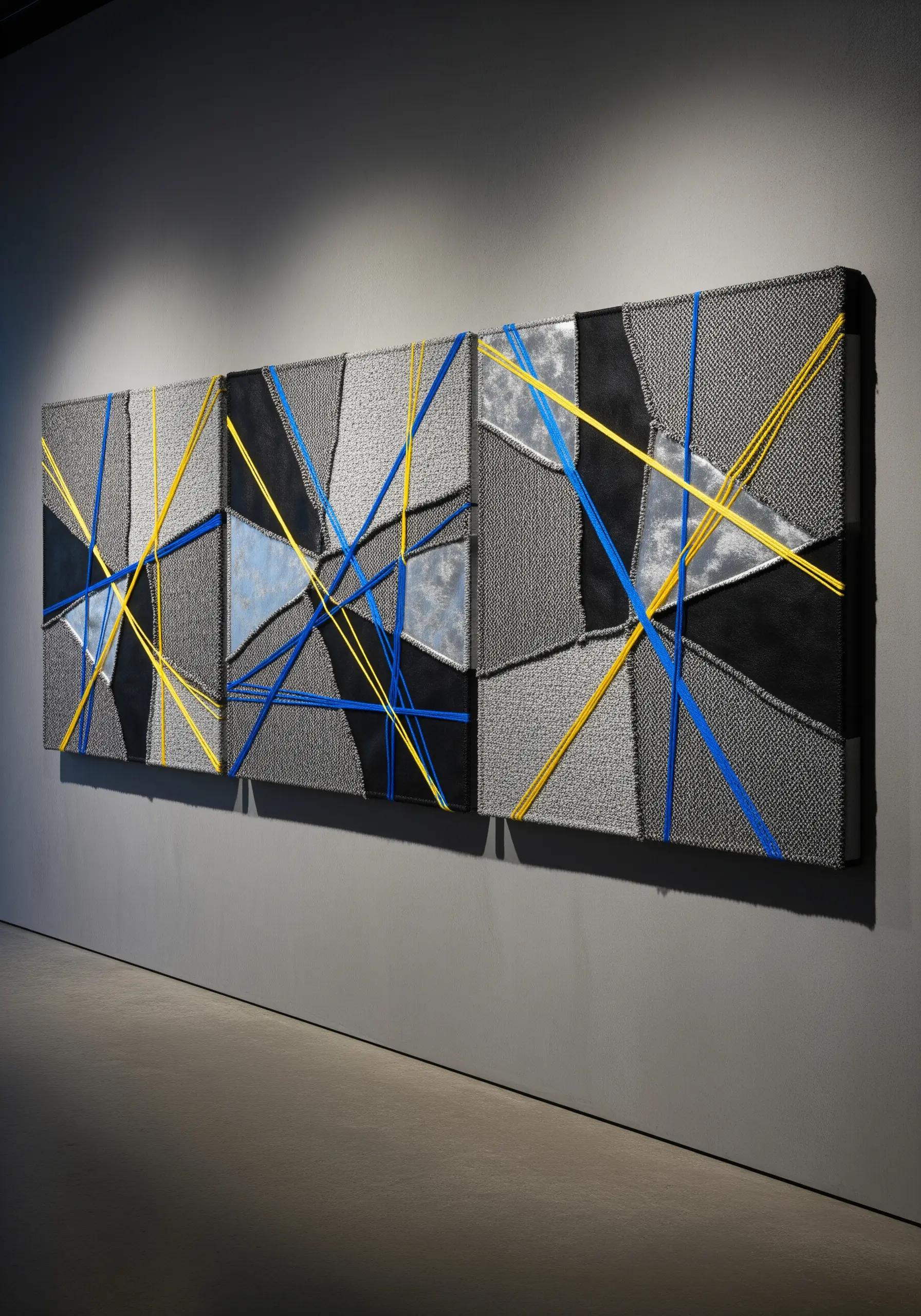 Modern abstract triptych with geometric fabric panels and intersecting yellow and blue cords.