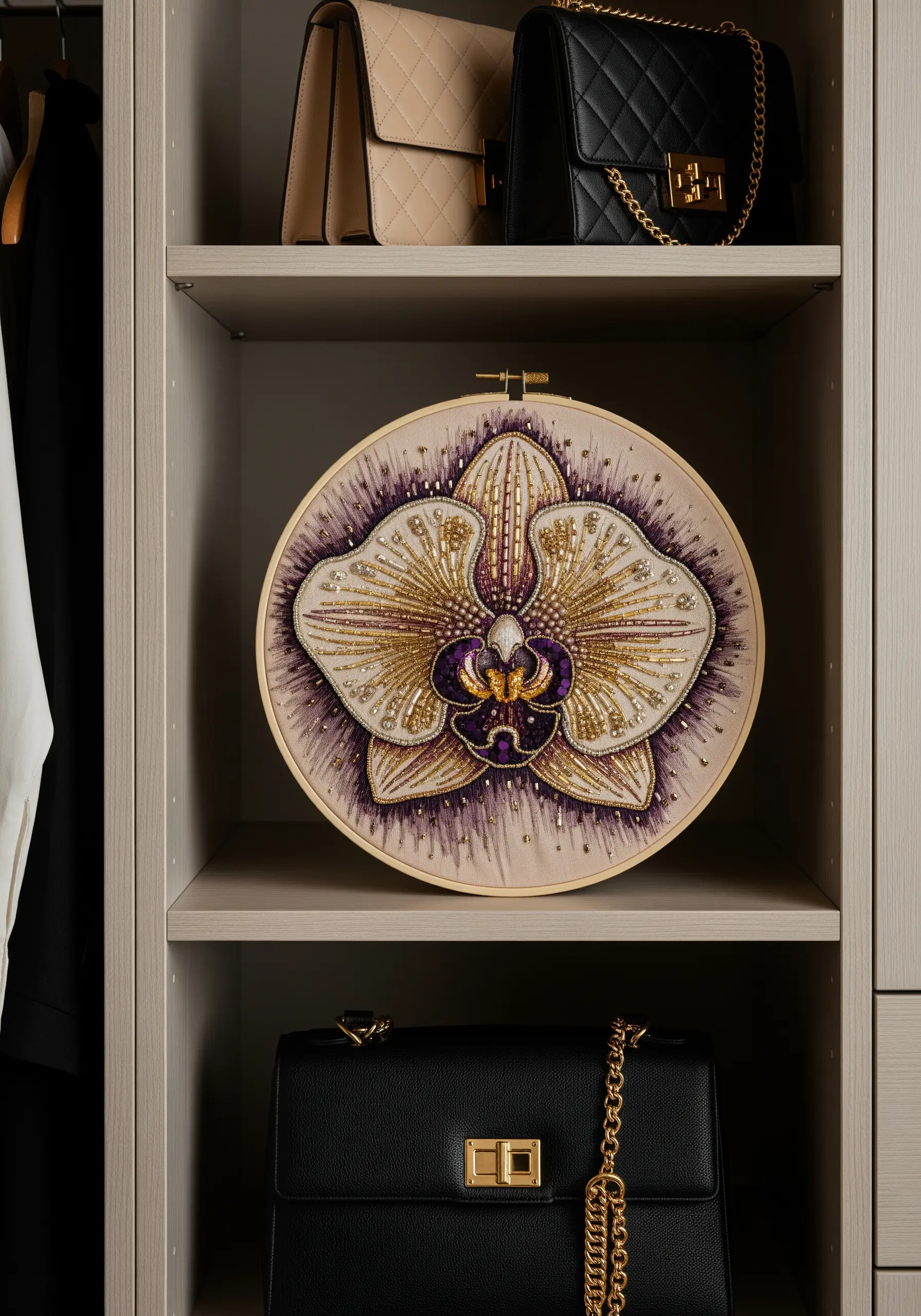 An opulent orchid embroidery detailed with metallic thread and seed beads