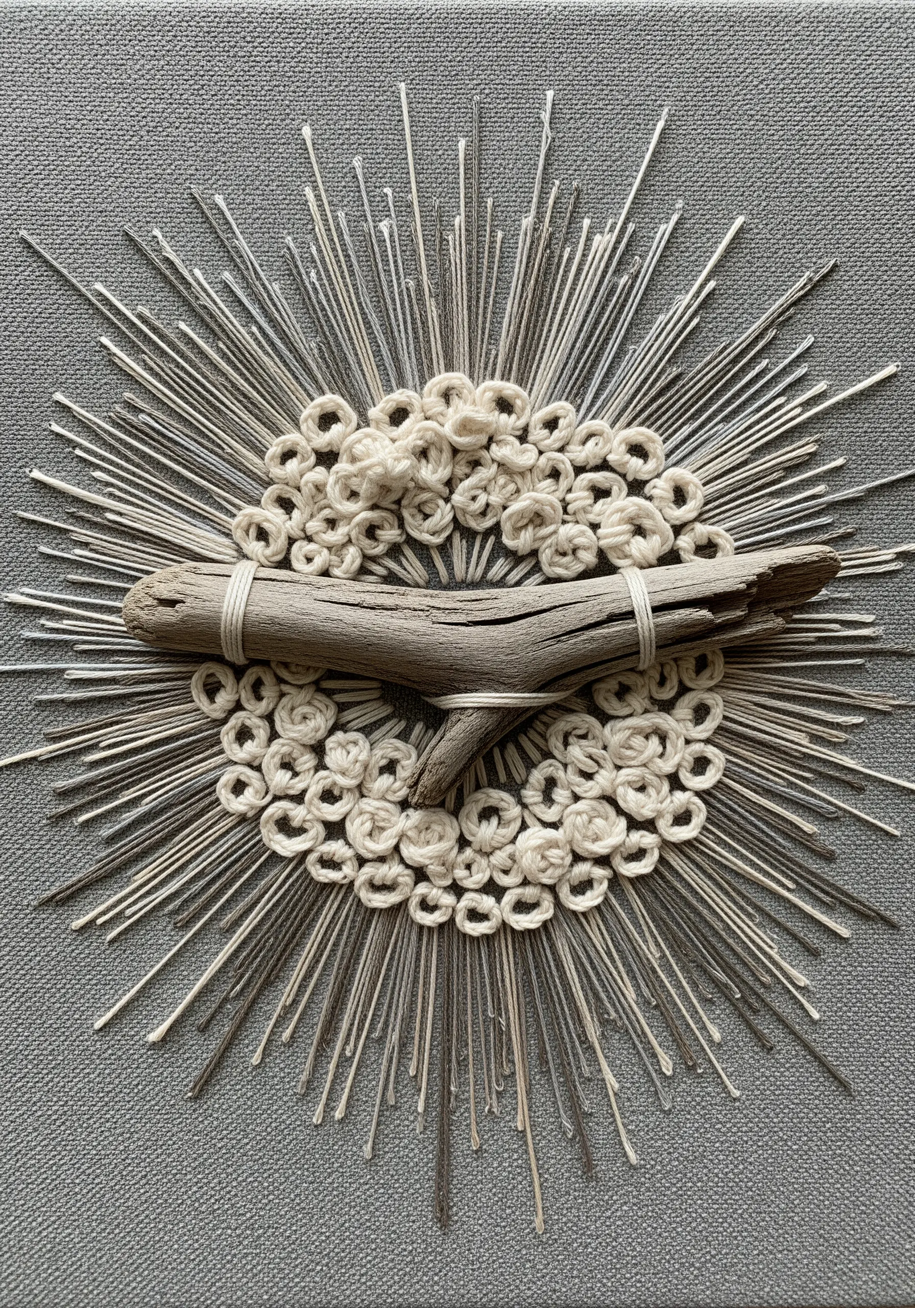 A piece of driftwood secured with white thread to a circular embroidery of woven knots.