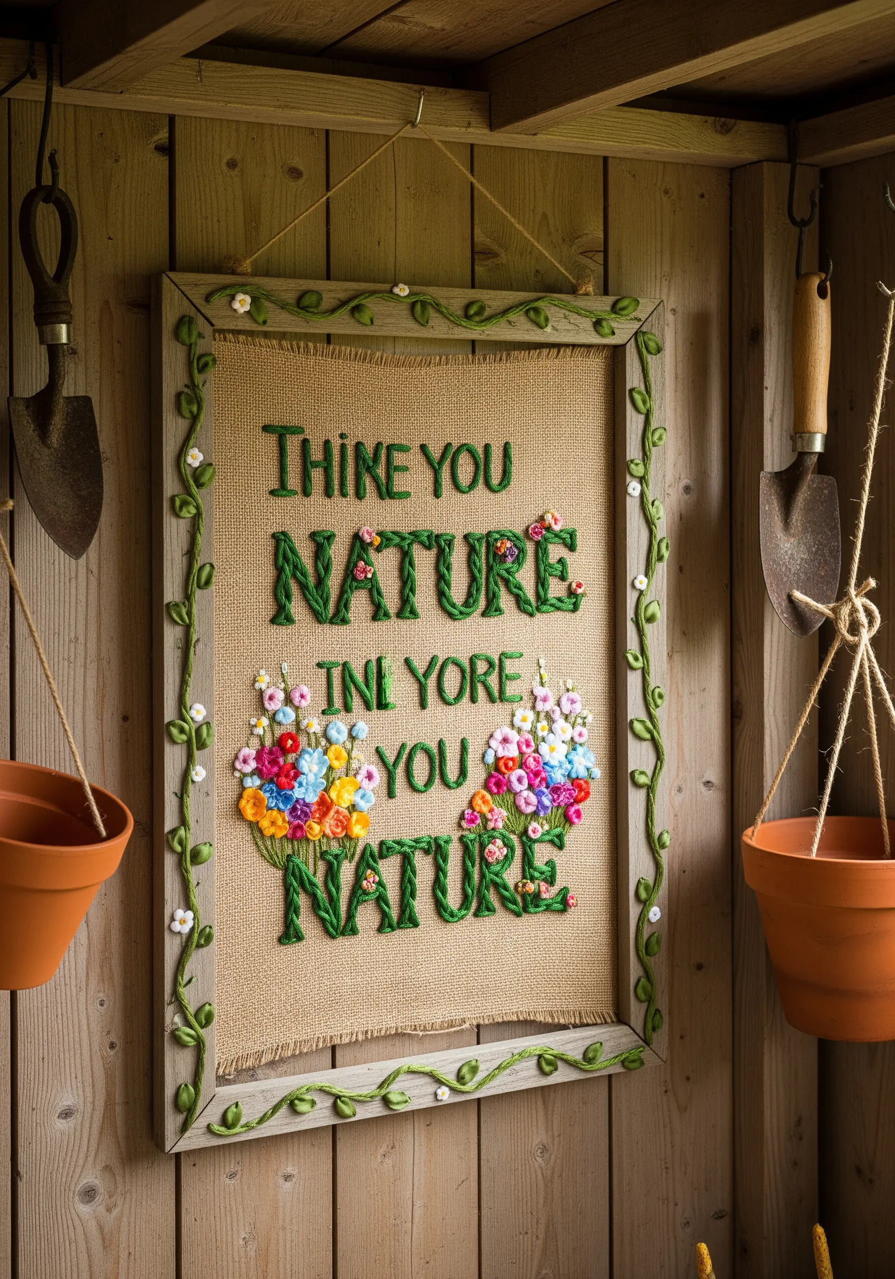 Embroidered quote on burlap with 3D ribbon embroidery flowers and vines.