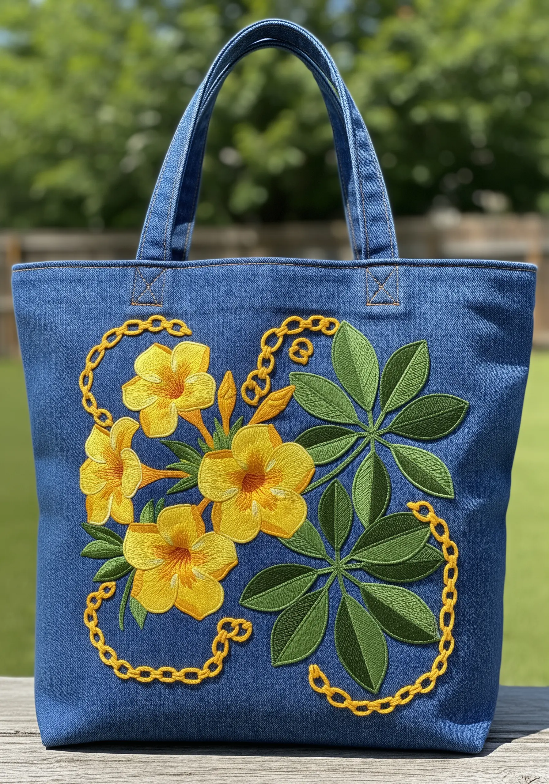 A denim tote bag embroidered with yellow Allamanda flowers, green leaves, and a gold chain.