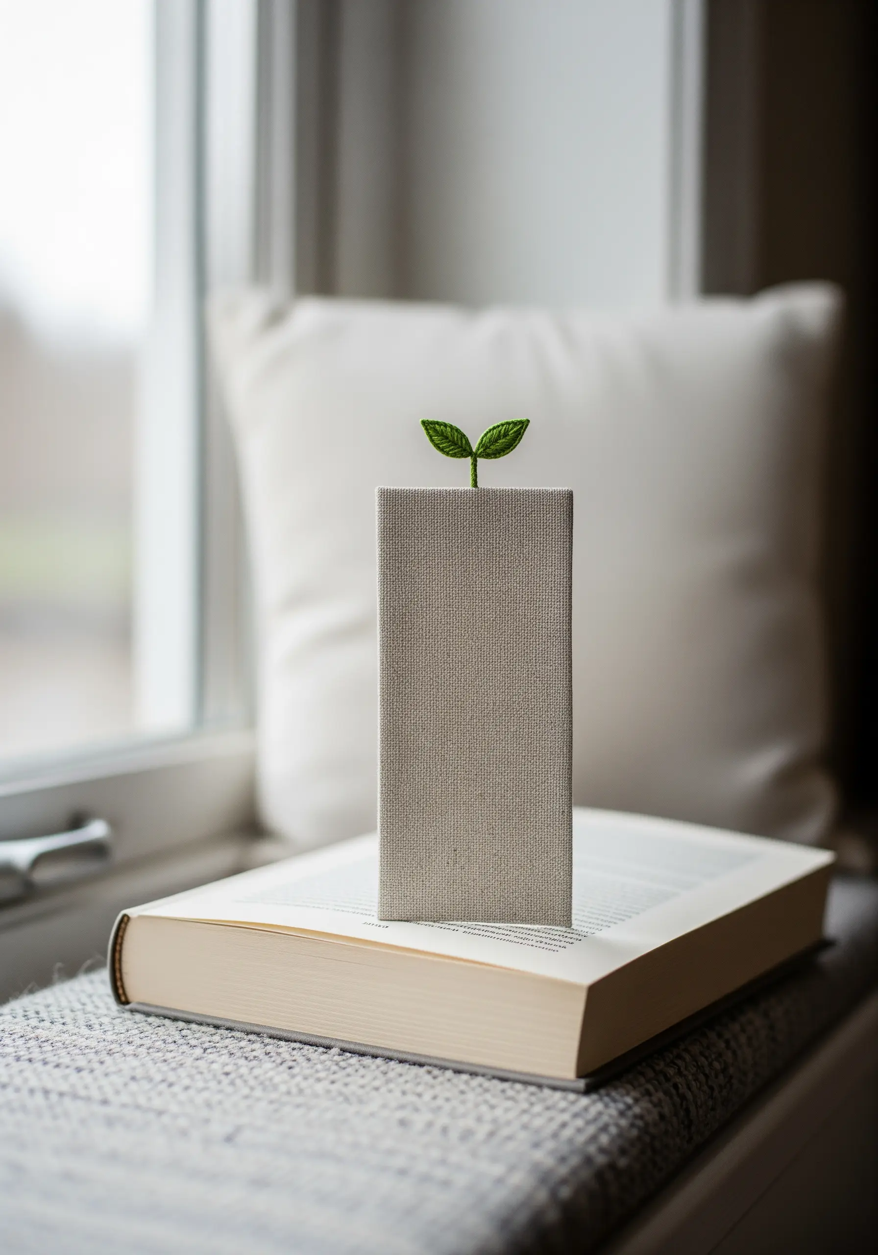 A tiny embroidered green sprout emerging from the spine of a cloth-bound book.