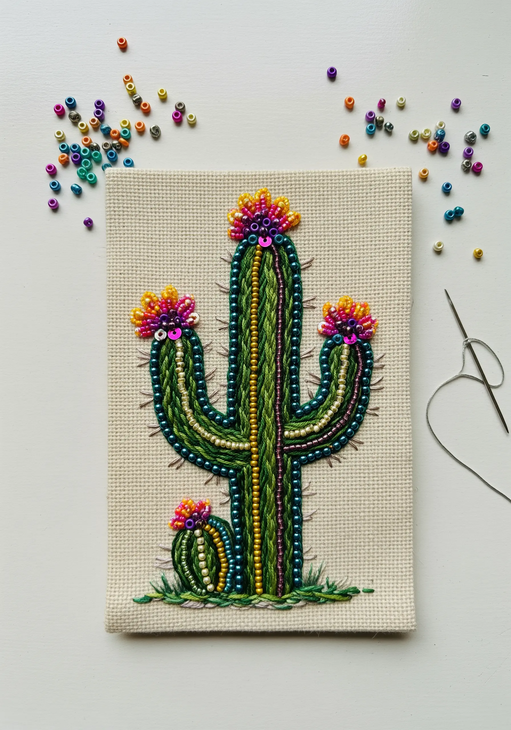 Embroidered cactus design embellished with colorful seed beads and sequins.