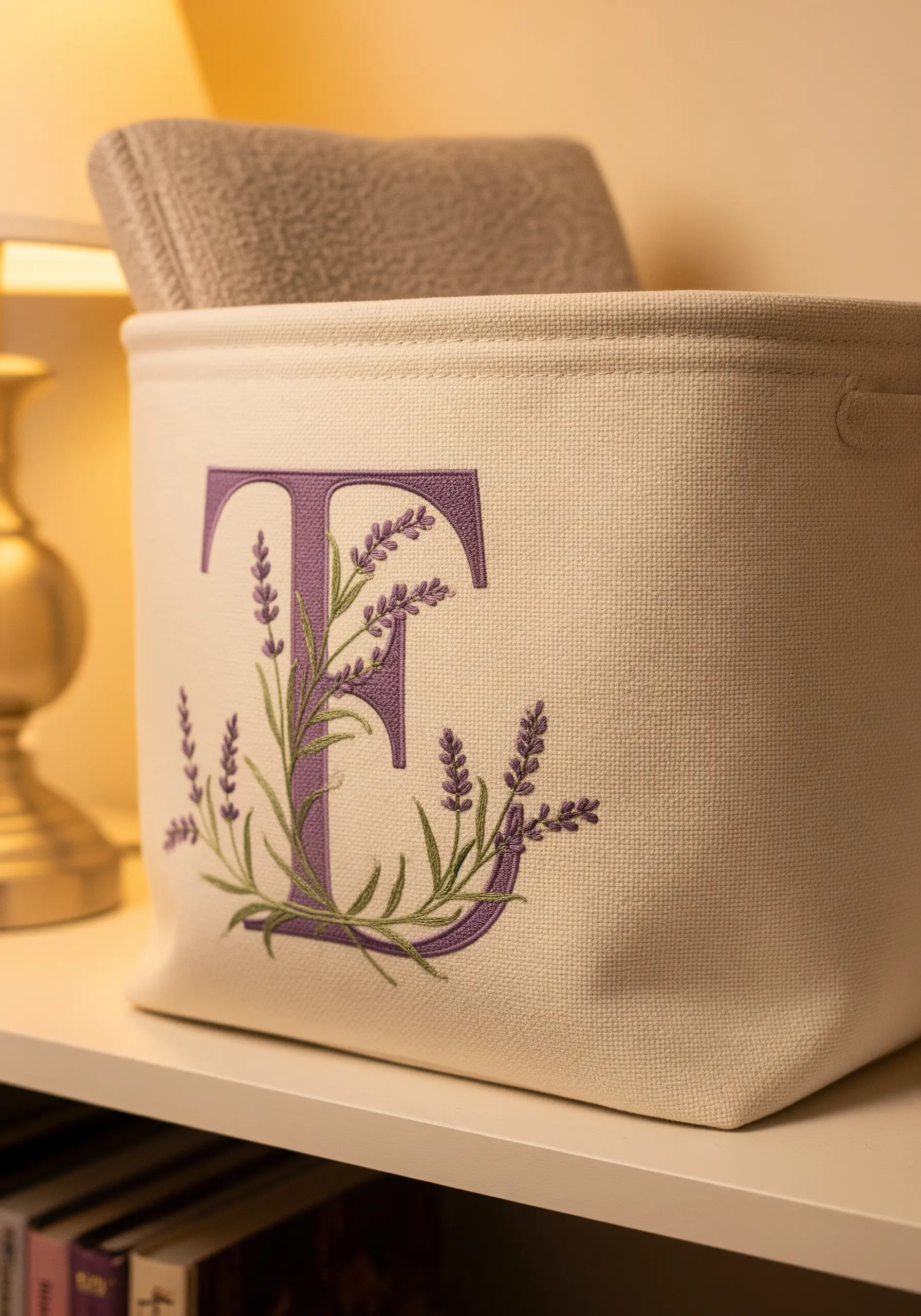 A lavender monogram 'E' embroidered on the front of a canvas storage bin.