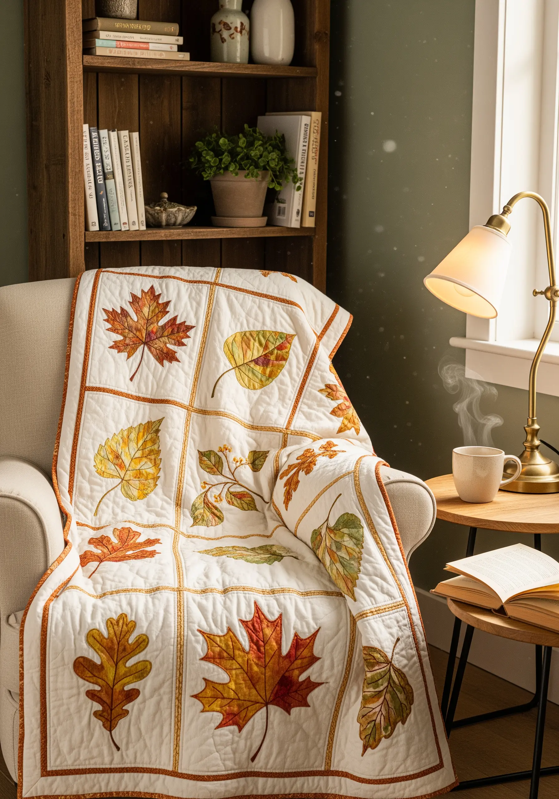 A quilt with embroidered autumn leaf blocks, draped over a chair in a cozy room.