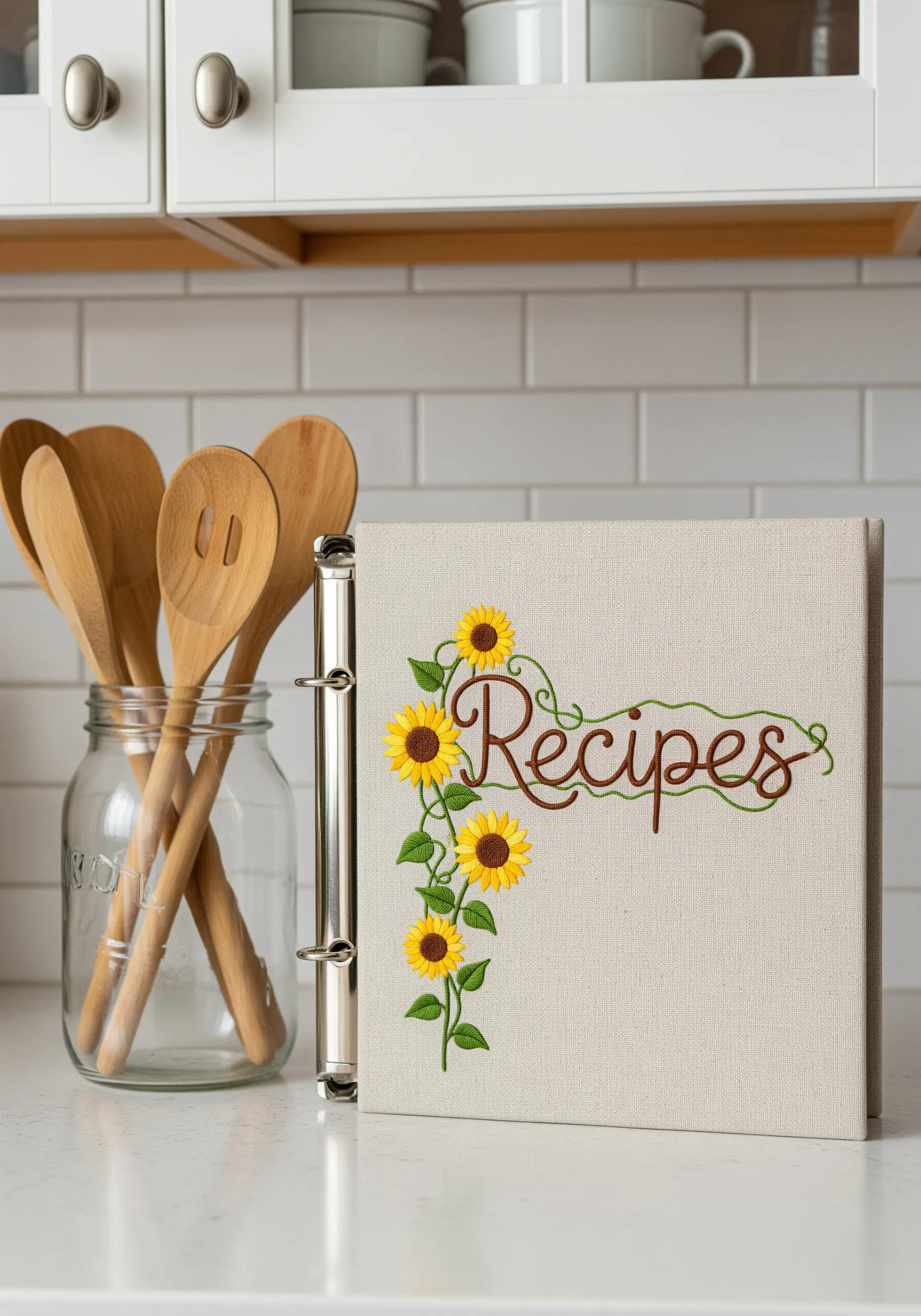 Fabric recipe binder with embroidered sunflowers and cursive lettering intertwined with a vine.