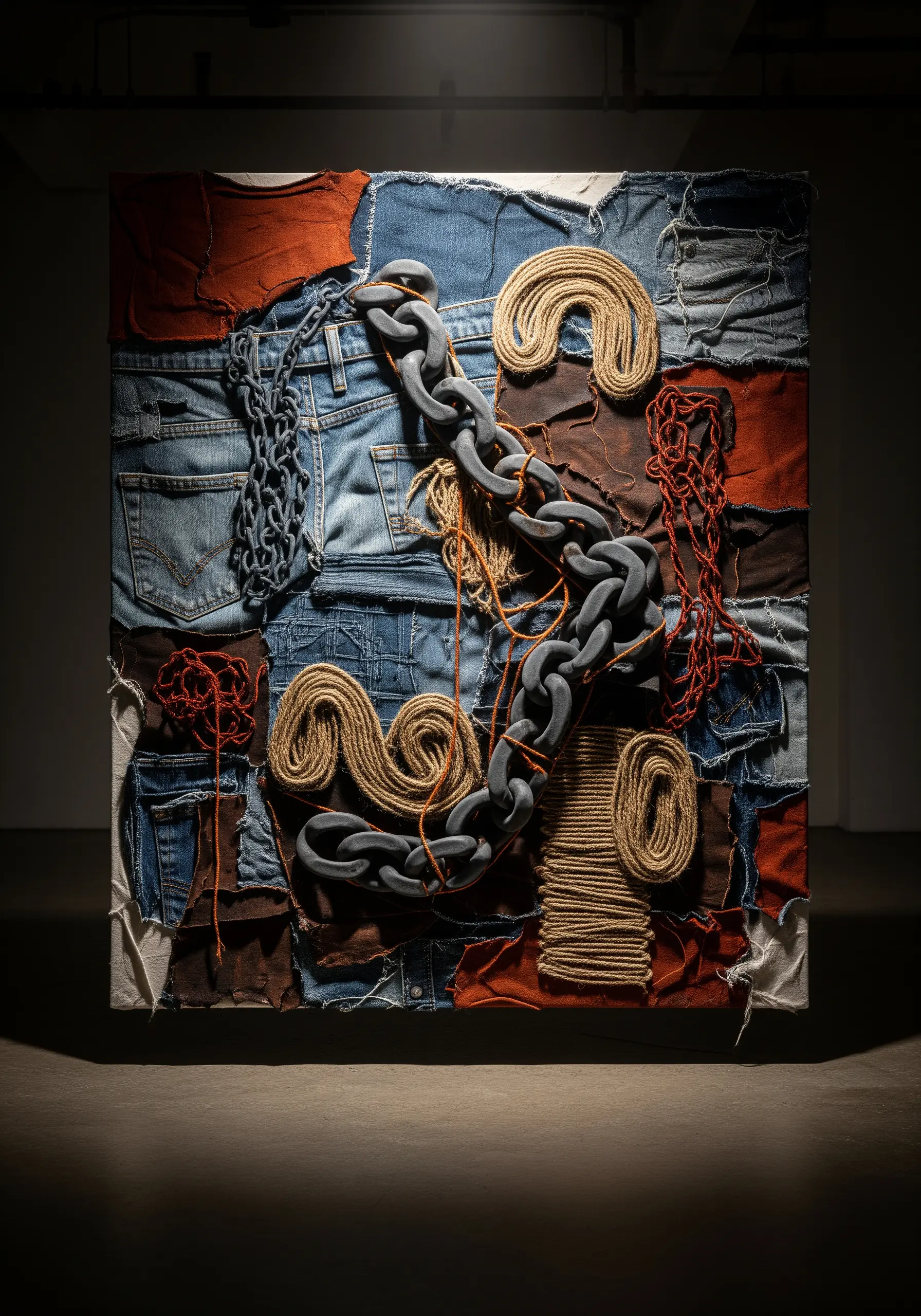 A heavily textured collage of denim, rope, and a soft sculptural chain on canvas.