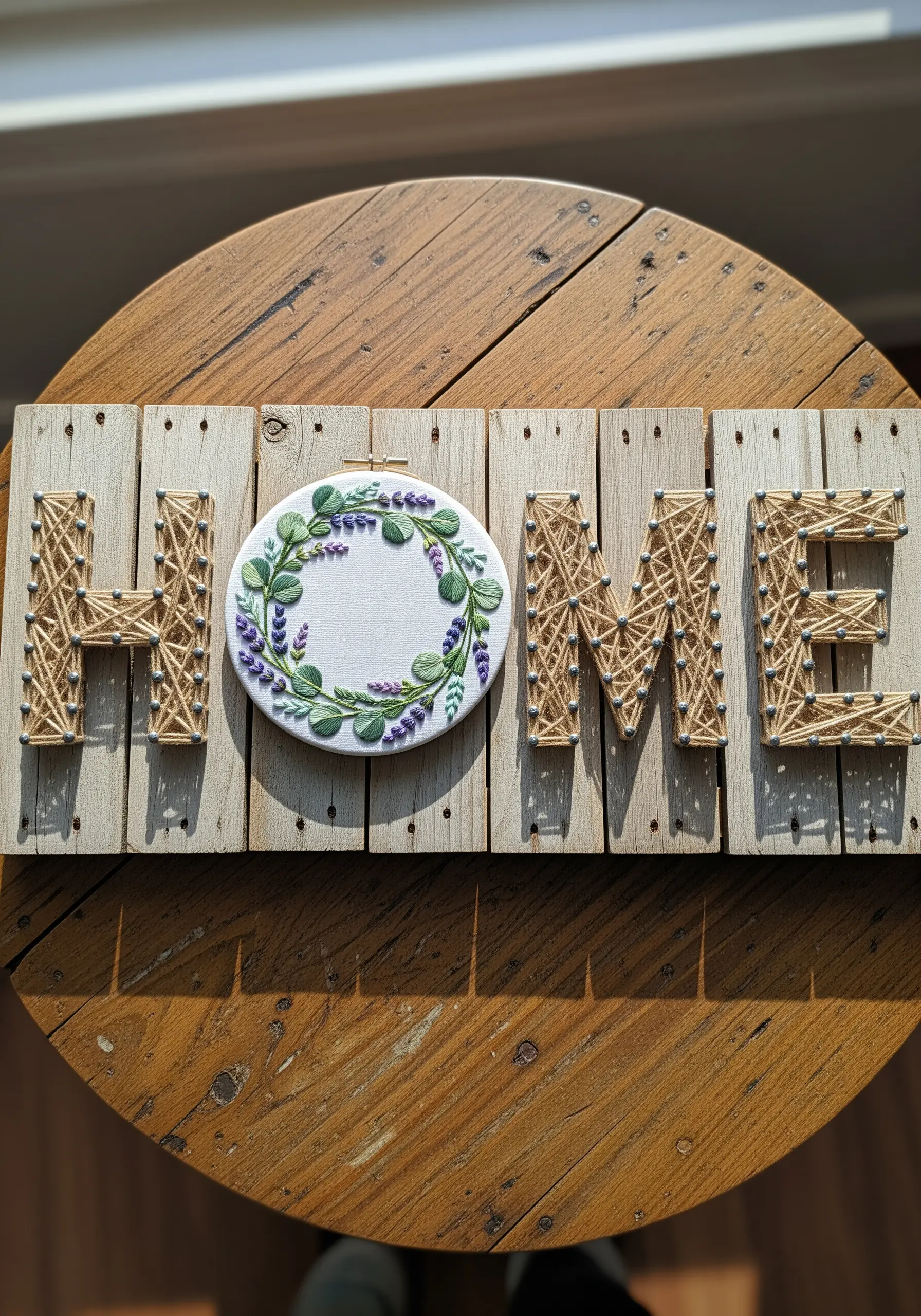 A 'HOME' sign where the 'O' is a round embroidery hoop with a stitched lavender wreath.