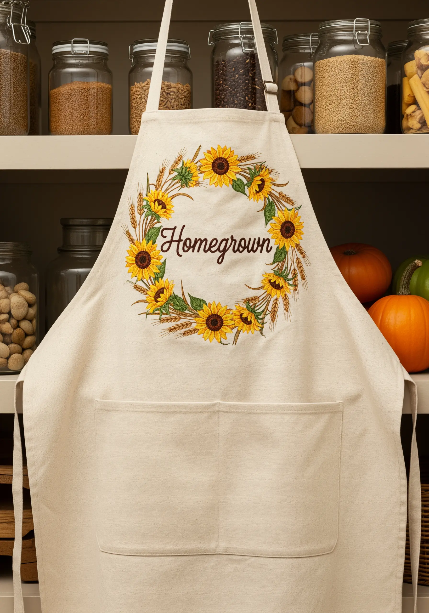 An apron with an embroidered wreath of sunflowers and wheat, with the word 'Homegrown' in the center