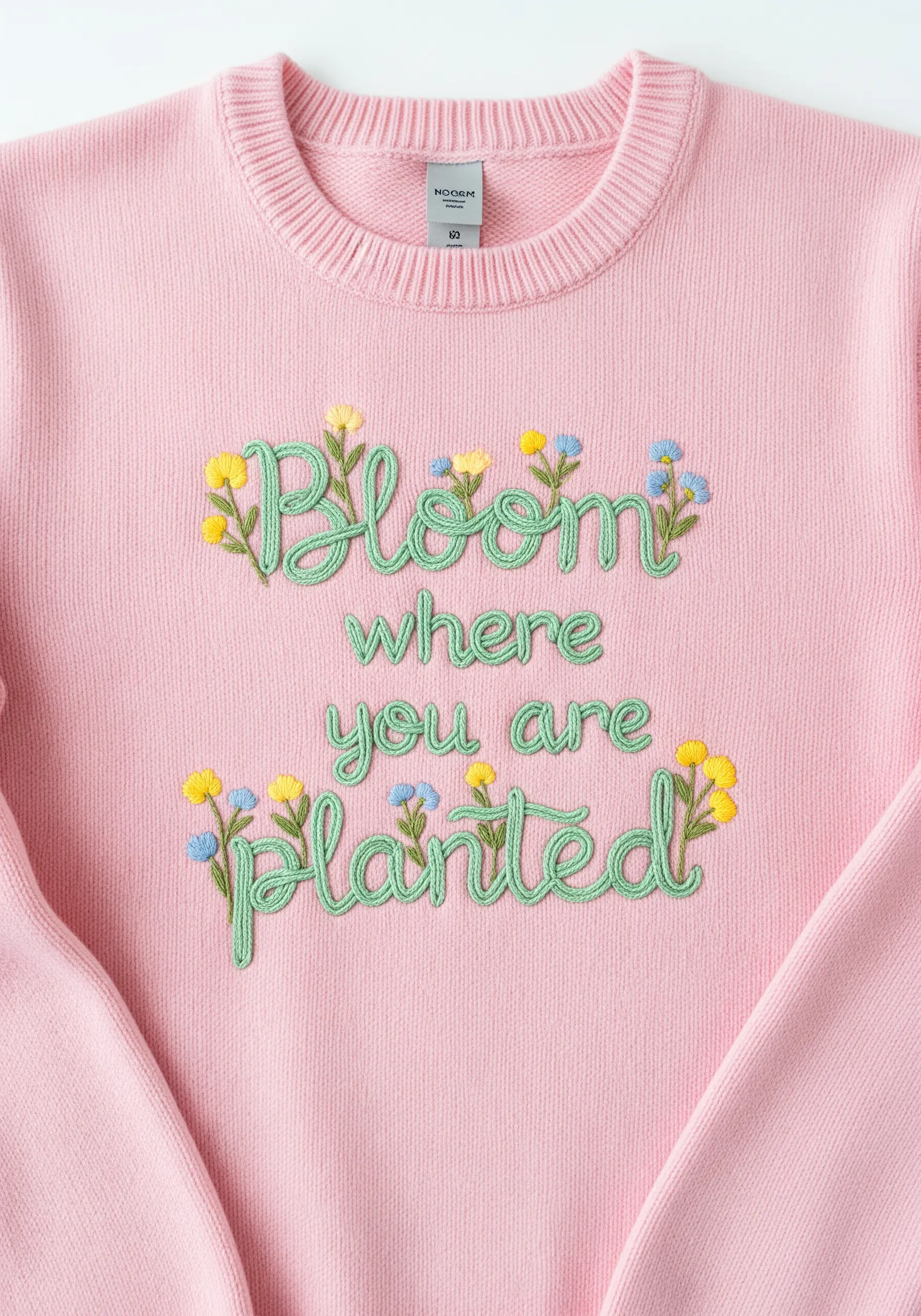 Embroidered quote 'Bloom where you are planted' with green vines and tiny flowers.