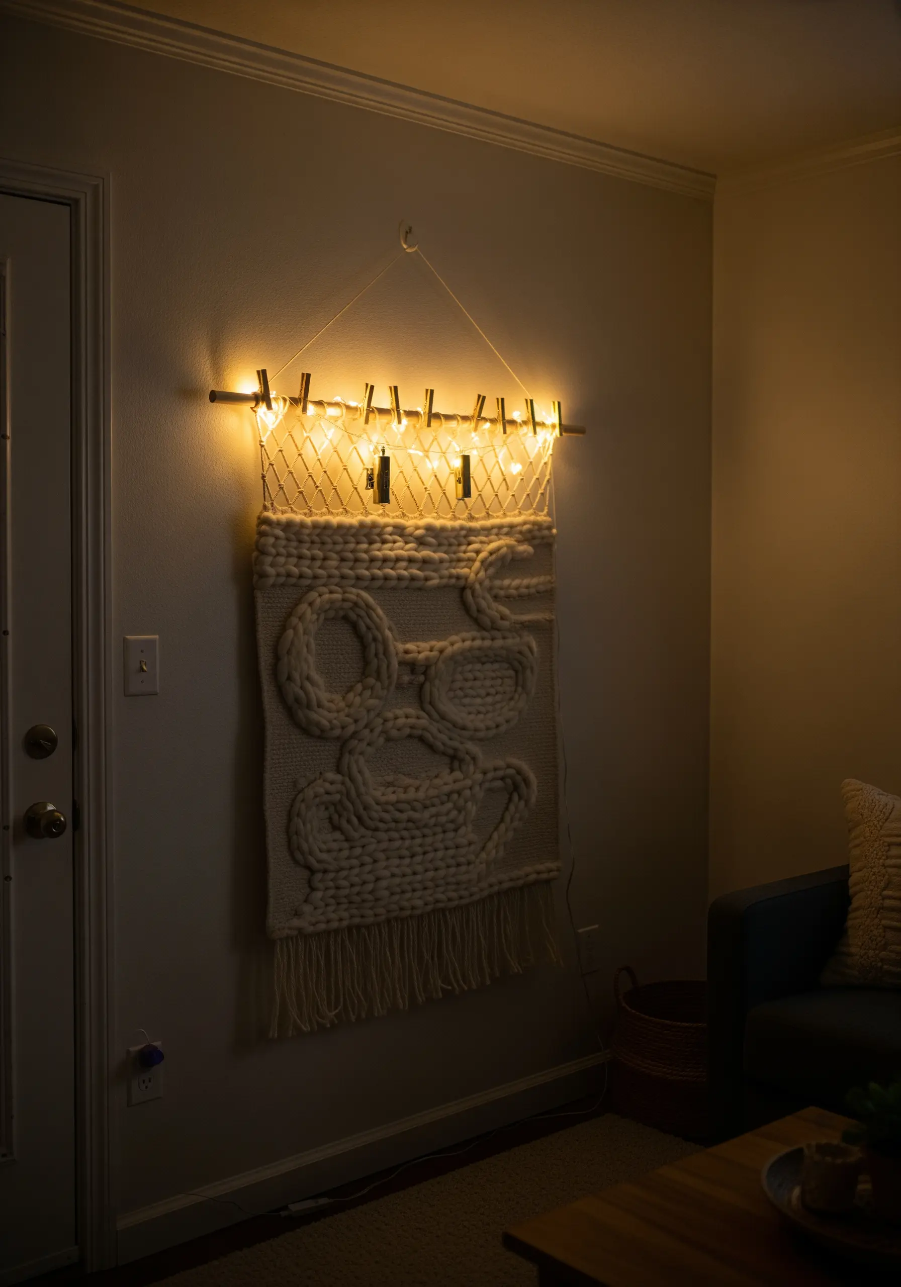 A textural punch needle wall hanging illuminated with warm fairy lights clipped to a dowel.