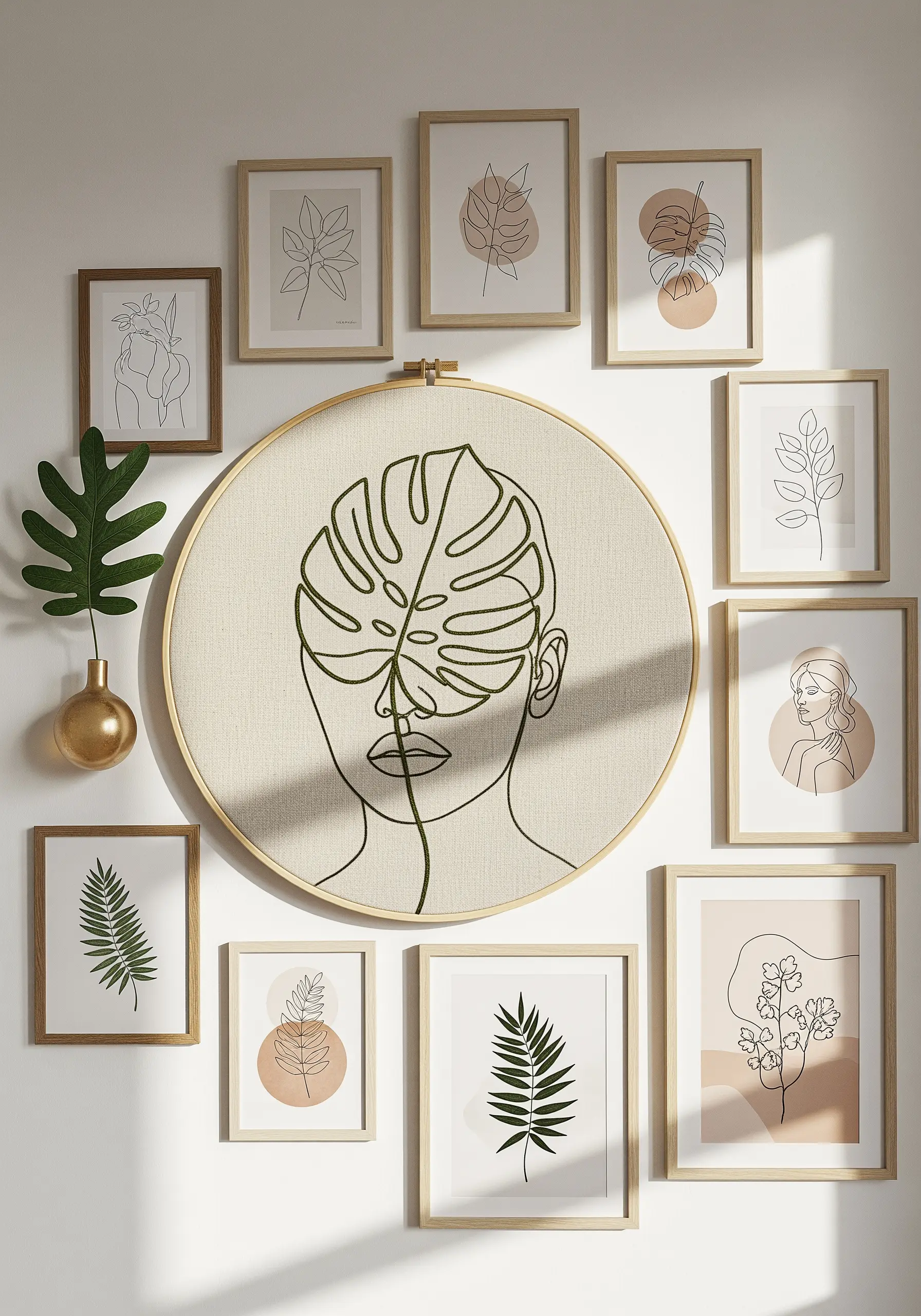 Oversized hoop with a line art face that is partially obscured by a large, stitched monstera leaf.