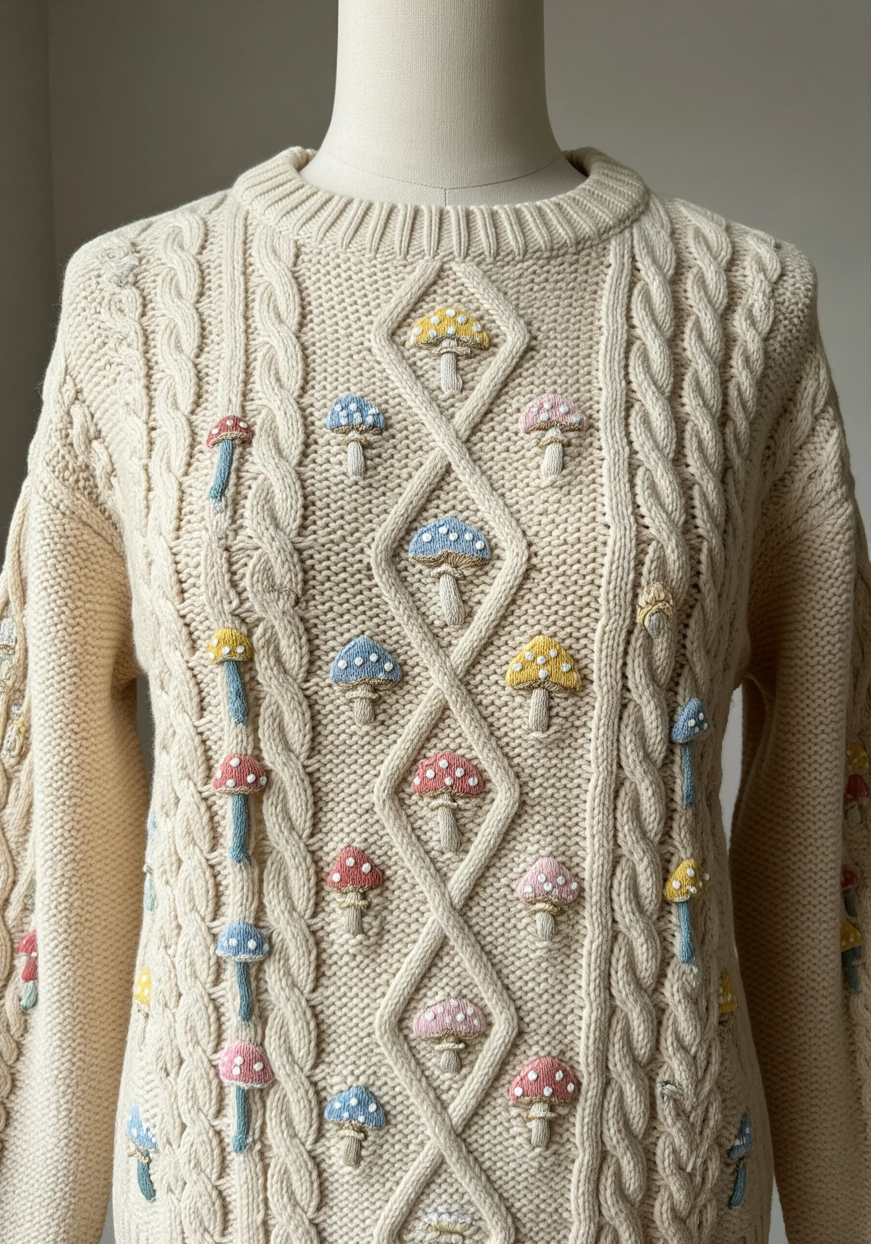 Tiny embroidered mushrooms in various pastel colors nestled within a cream cable-knit sweater.