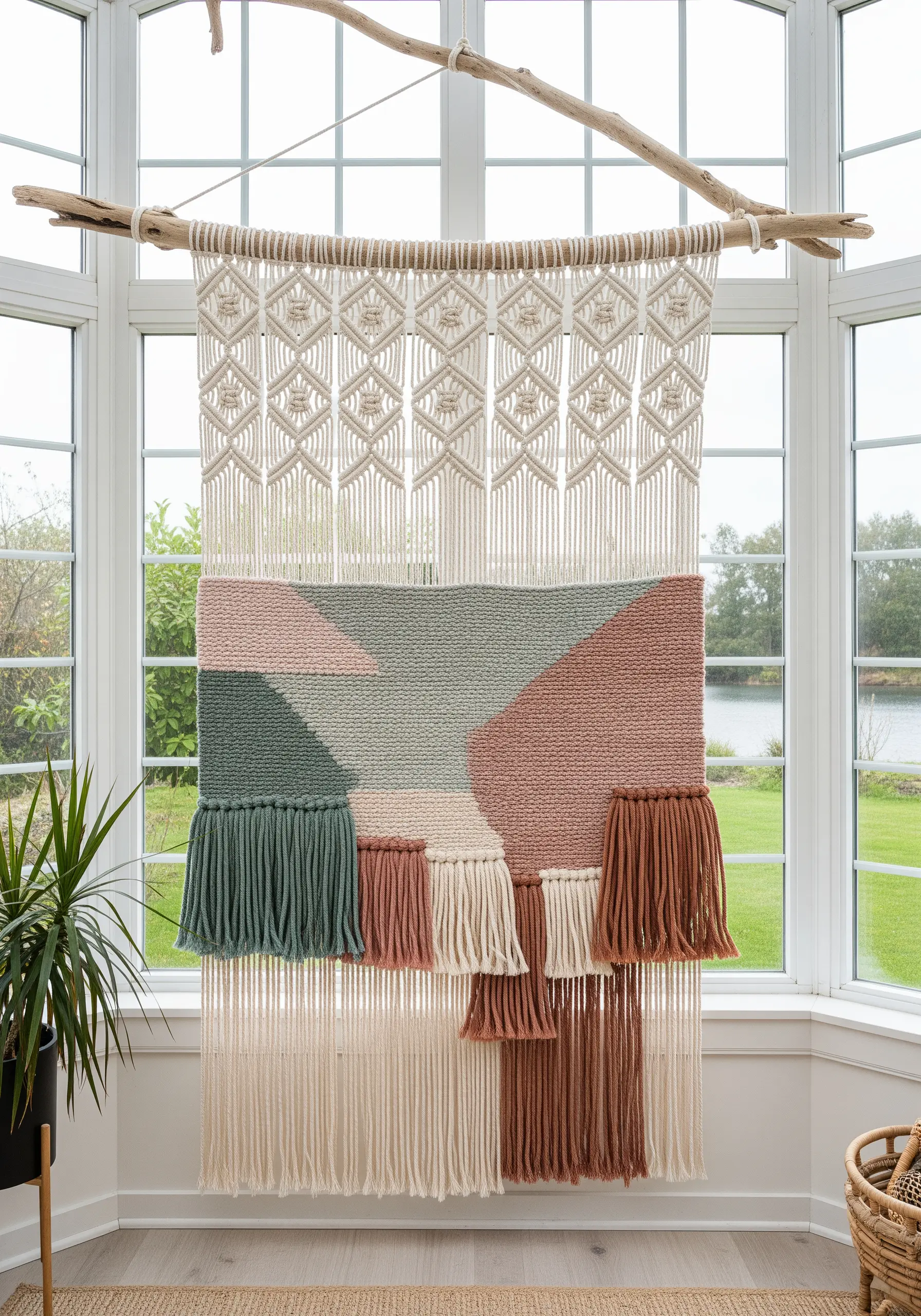 Large-scale macra-weave wall hanging with a macrame top and a woven abstract landscape below.