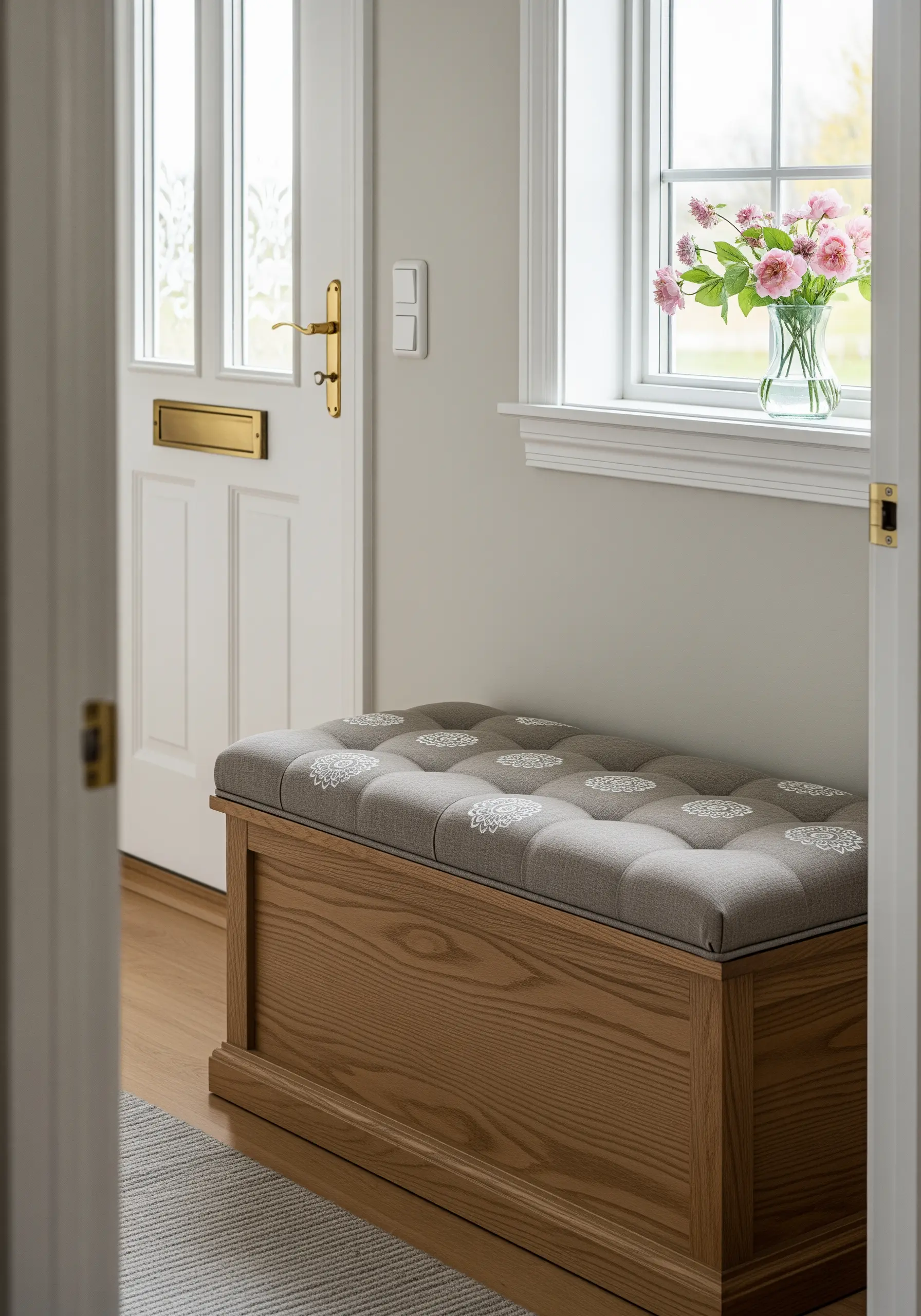 A grey tufted storage bench with small, white embroidered mandalas in each tufted section.