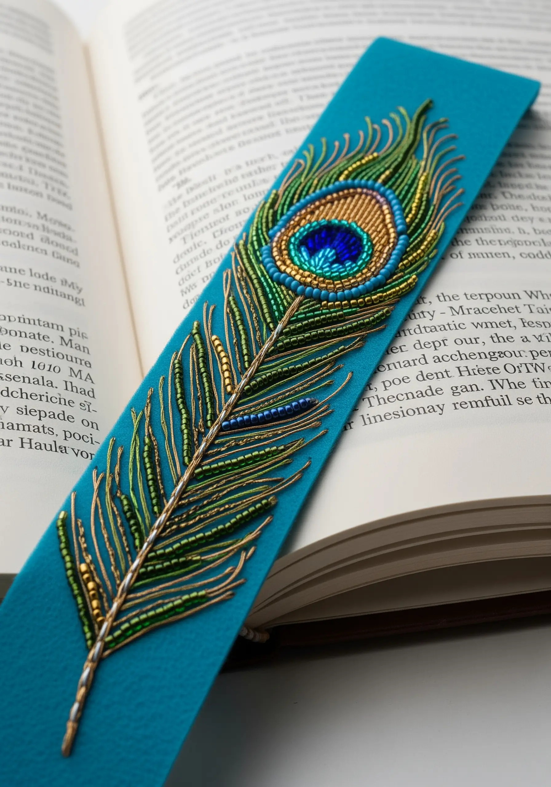 A highly detailed bookmark of a peacock feather made with beads and metallic thread.