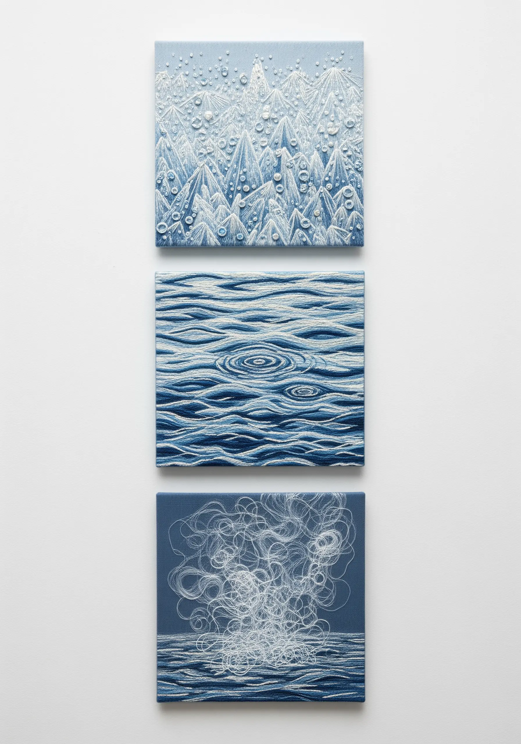 A triptych of three small canvases depicting water in abstract ways: mountains, ripples, and chaotic lines.