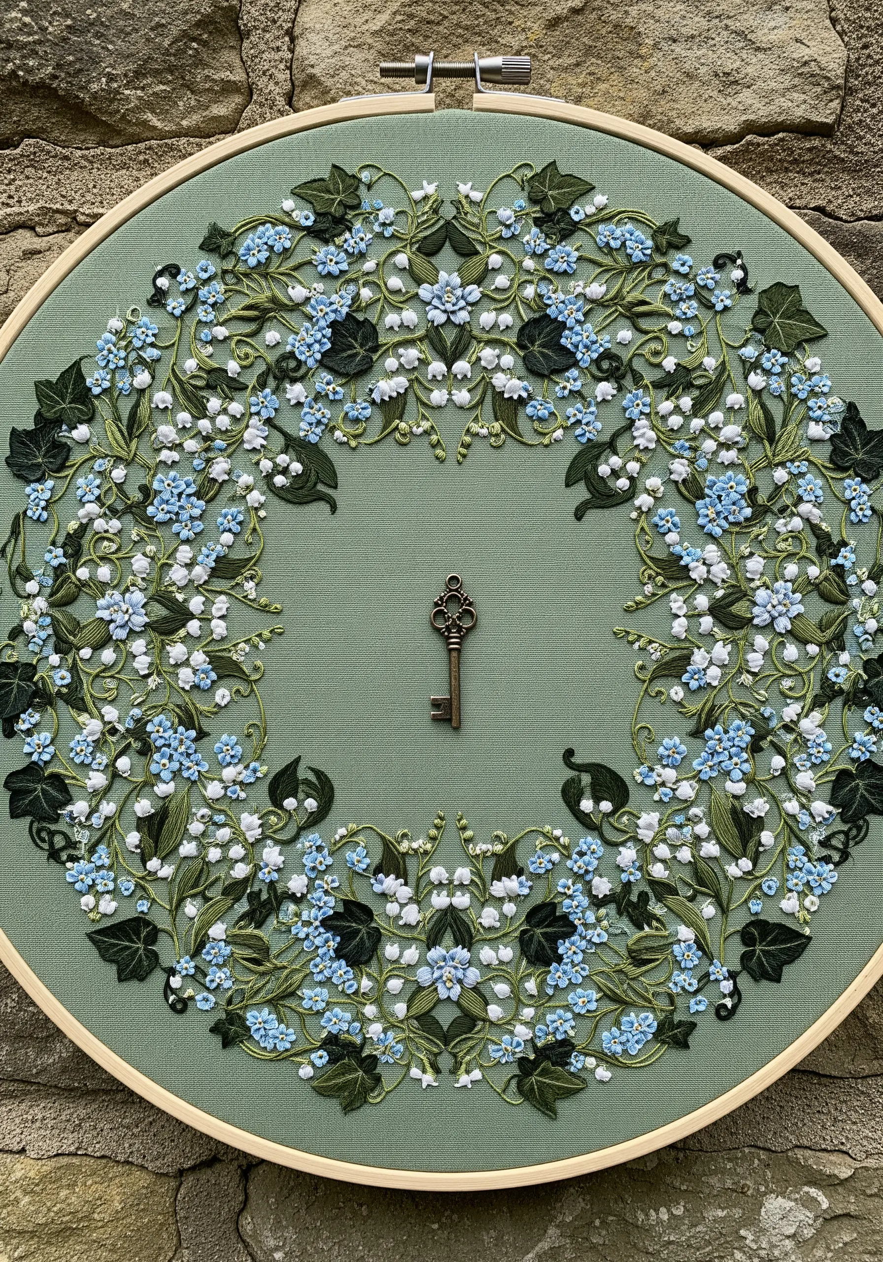 A dense, intricate wreath of blue forget-me-nots and ivy with a key in the center.